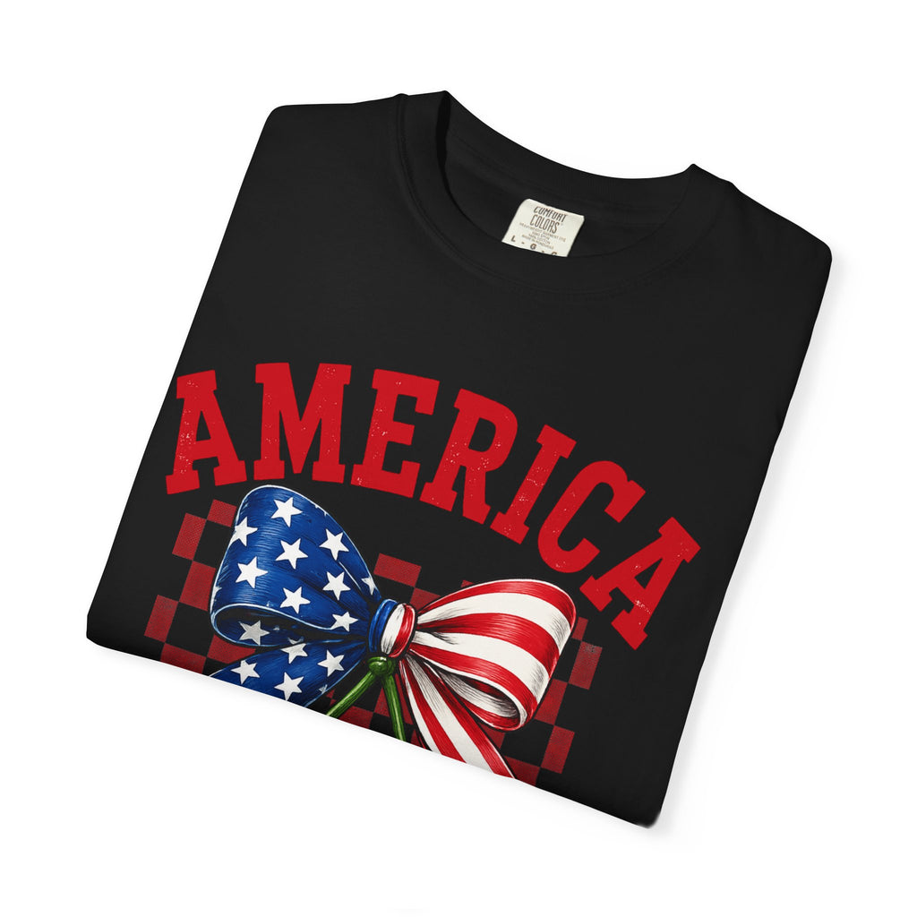 America Cherry Graphic T-Shirt — Patriotic Stars & Stripes Bow Tee
