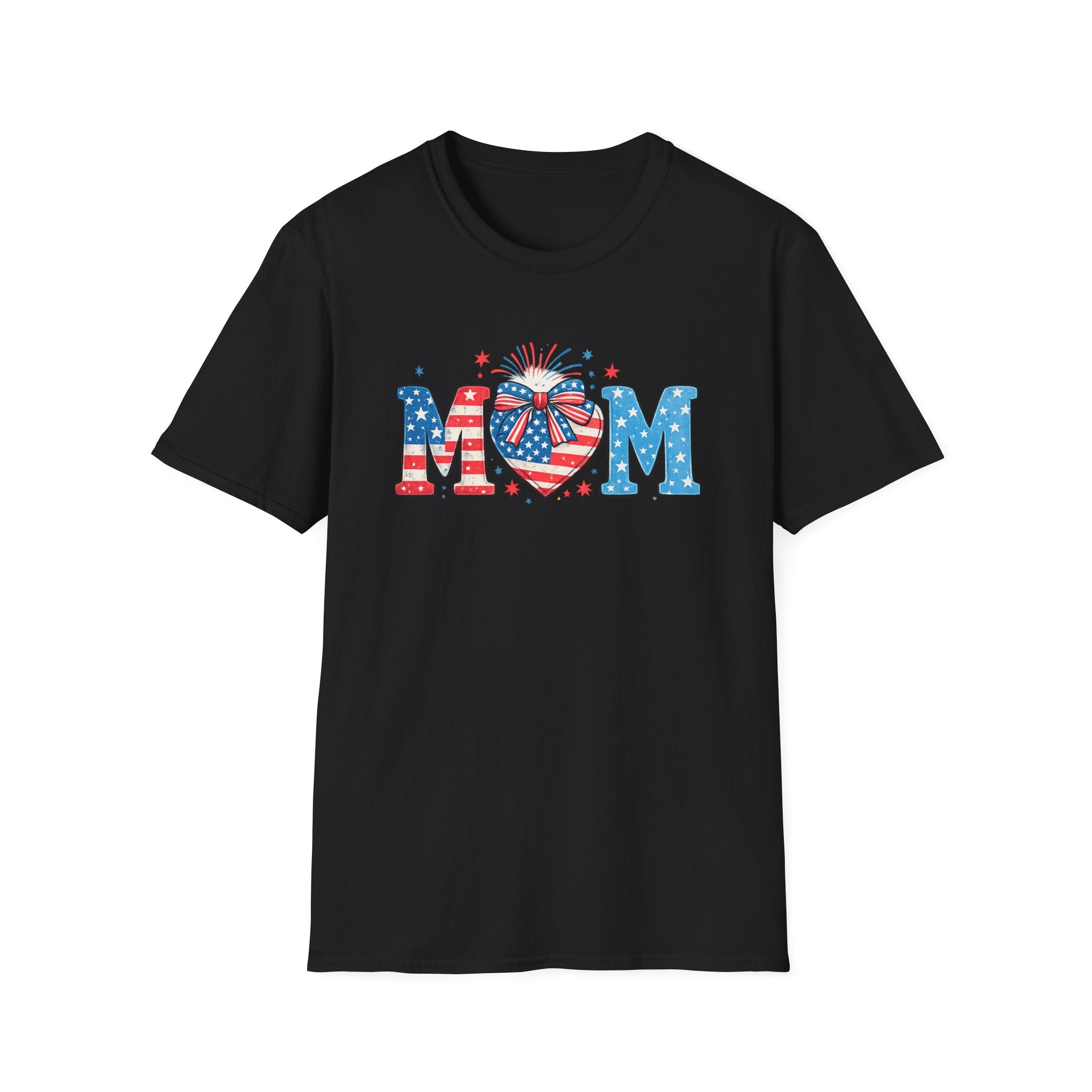 Patriotic MOM T-Shirt — Stars & Stripes Heart Design (Fourth of July / Mother's Day)