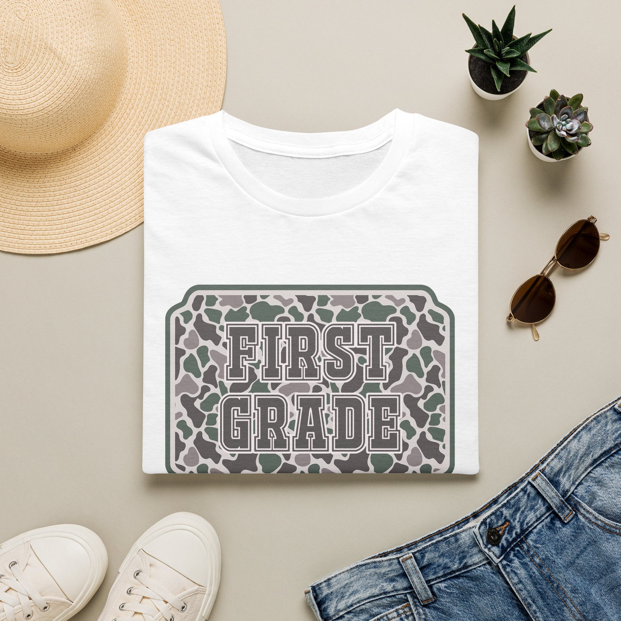 First Grade Camo T-Shirt — 'FIRST GRADE' School Teacher / Back-to-School Shirt