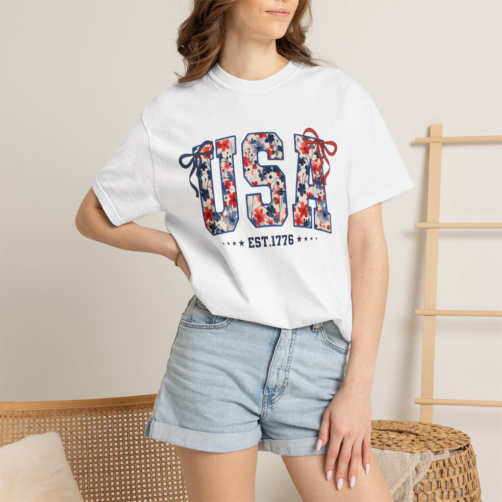 USA Floral Graphic T-Shirt — EST.1776 Patriotic Fourth of July Tee