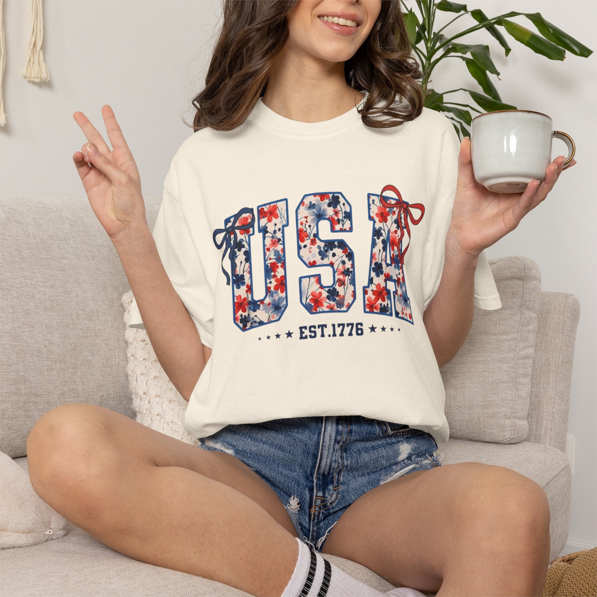 USA Floral Graphic T-Shirt — EST.1776 Patriotic Fourth of July Tee