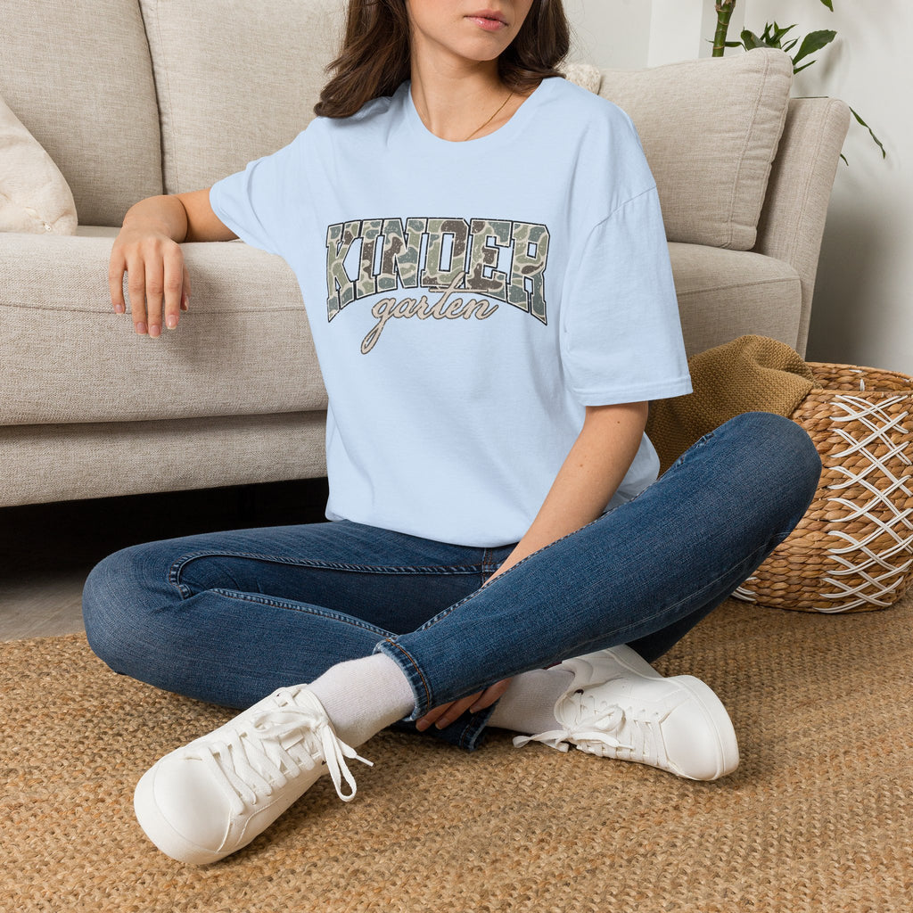 Kindergarten Camo T-Shirt — 'Kindergarten' Script & Camo Block Design