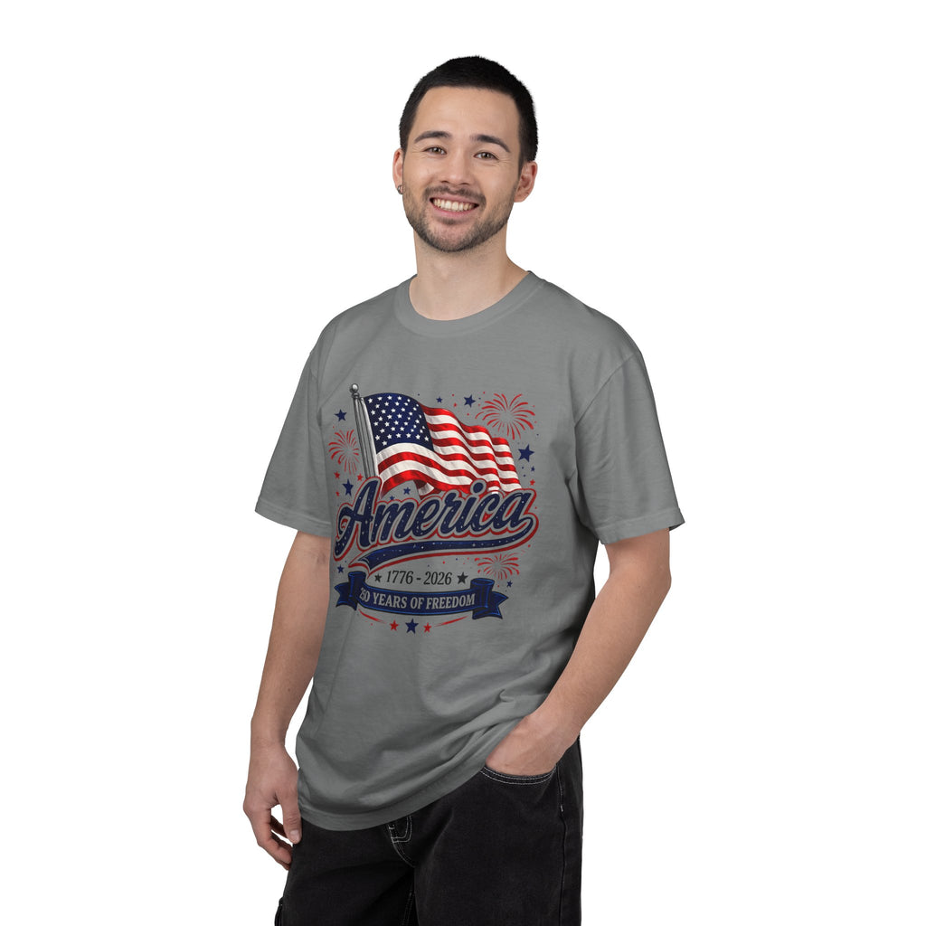 America 250th Anniversary T-Shirt — "America" Flag & Fireworks 1776–2026