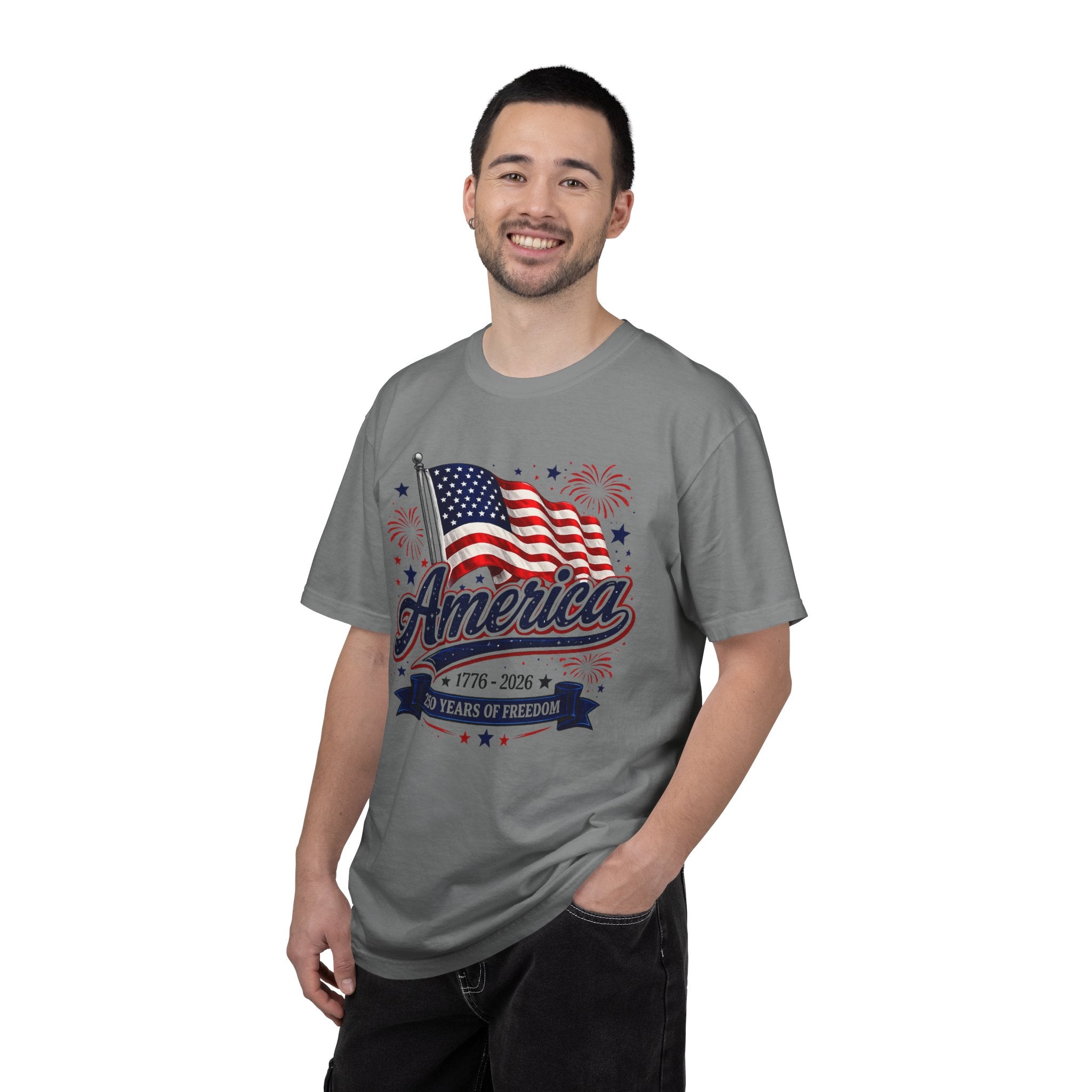 America 250th Anniversary T-Shirt — "America" Flag & Fireworks 1776–2026