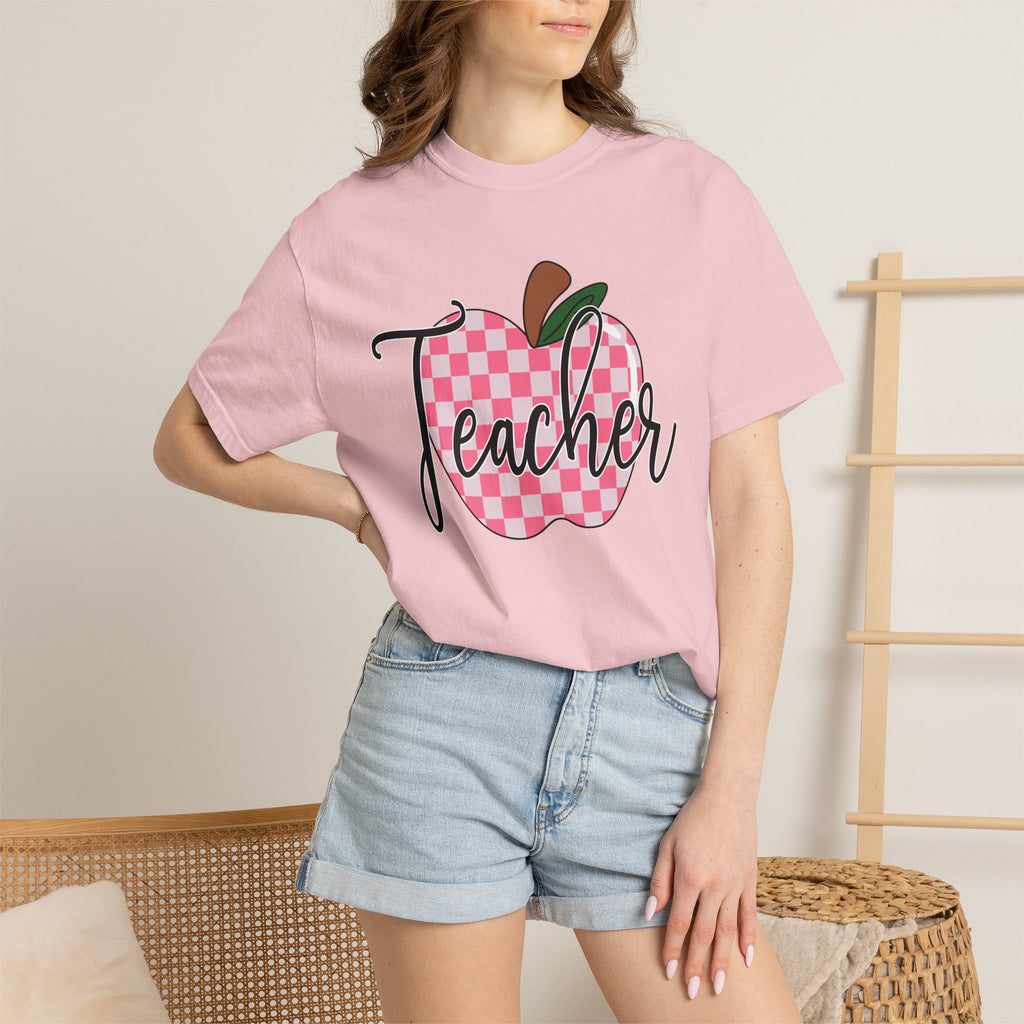 Teacher Apple T-Shirt — Pink Checkered Apple Teacher Tee