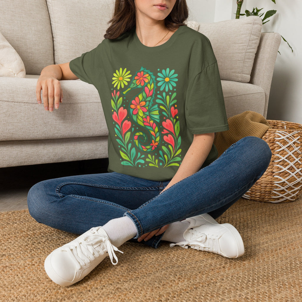 Floral Seahorse T-Shirt — Colorful Tropical Sea Life Tee