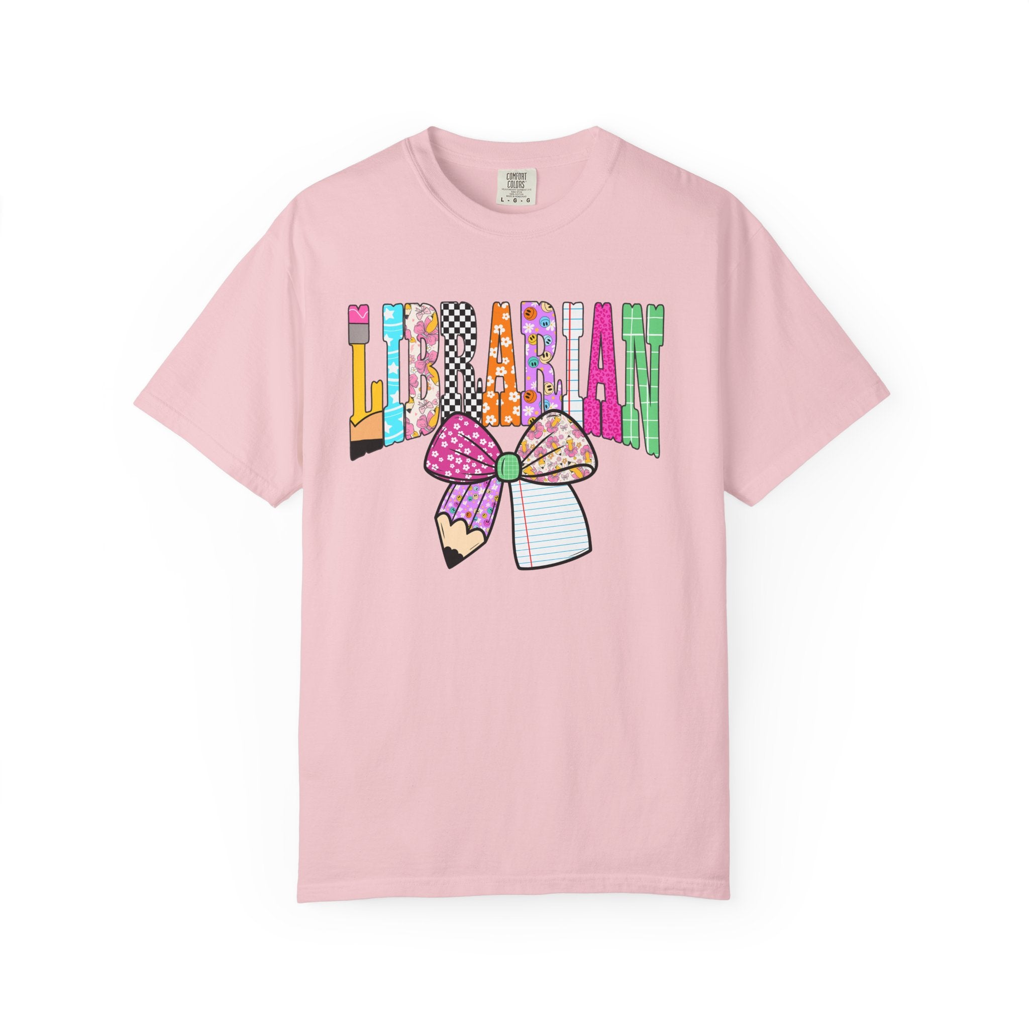 Librarian Graphic T‑Shirt — Colorful Bookish Bow Design