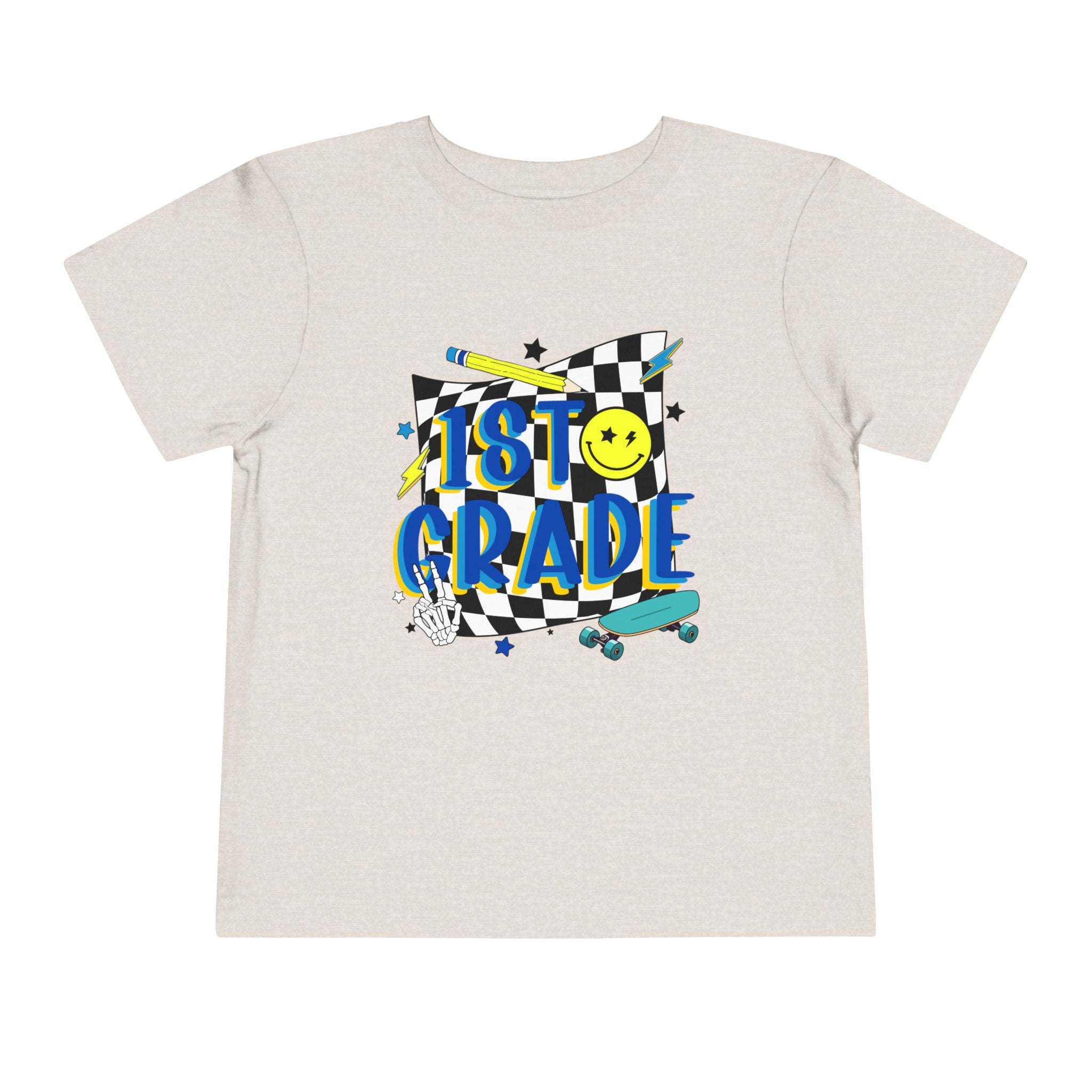 1st Grade Toddler Tee - Back-to-School Smile Skateboard Design