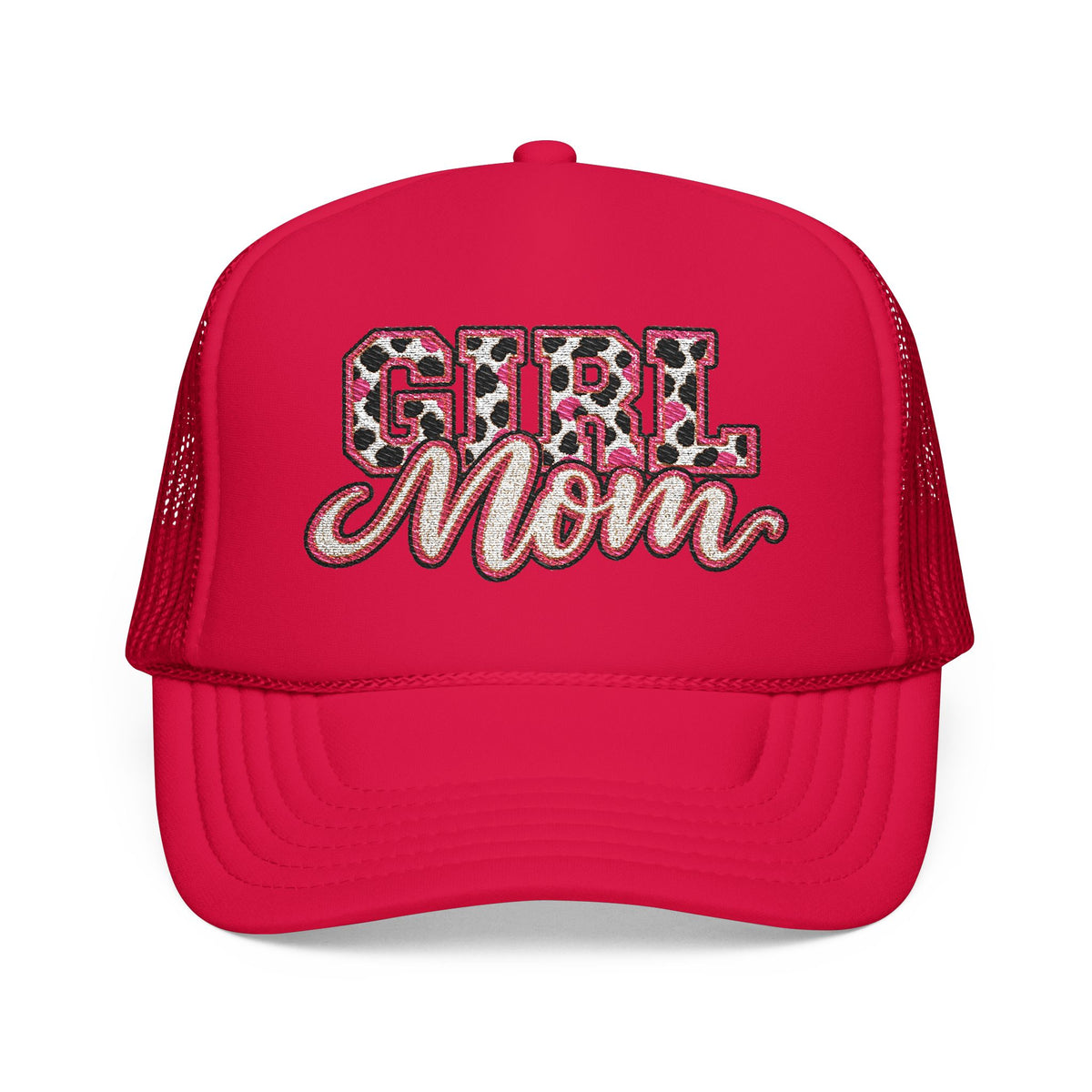 Girl Mom Leopard Foam Trucker Hat — Pink Glitter Script Mesh Cap