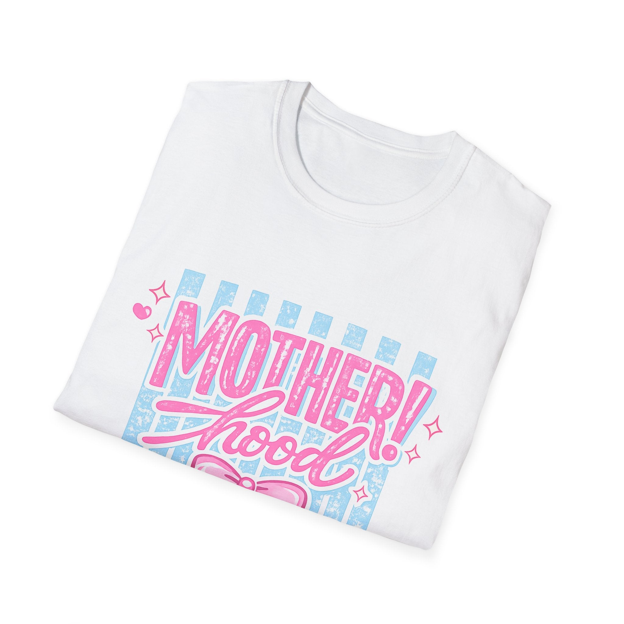 Motherhood Retro Tee — "Mother!hood" Pink & Blue Graphic T-Shirt for New Moms