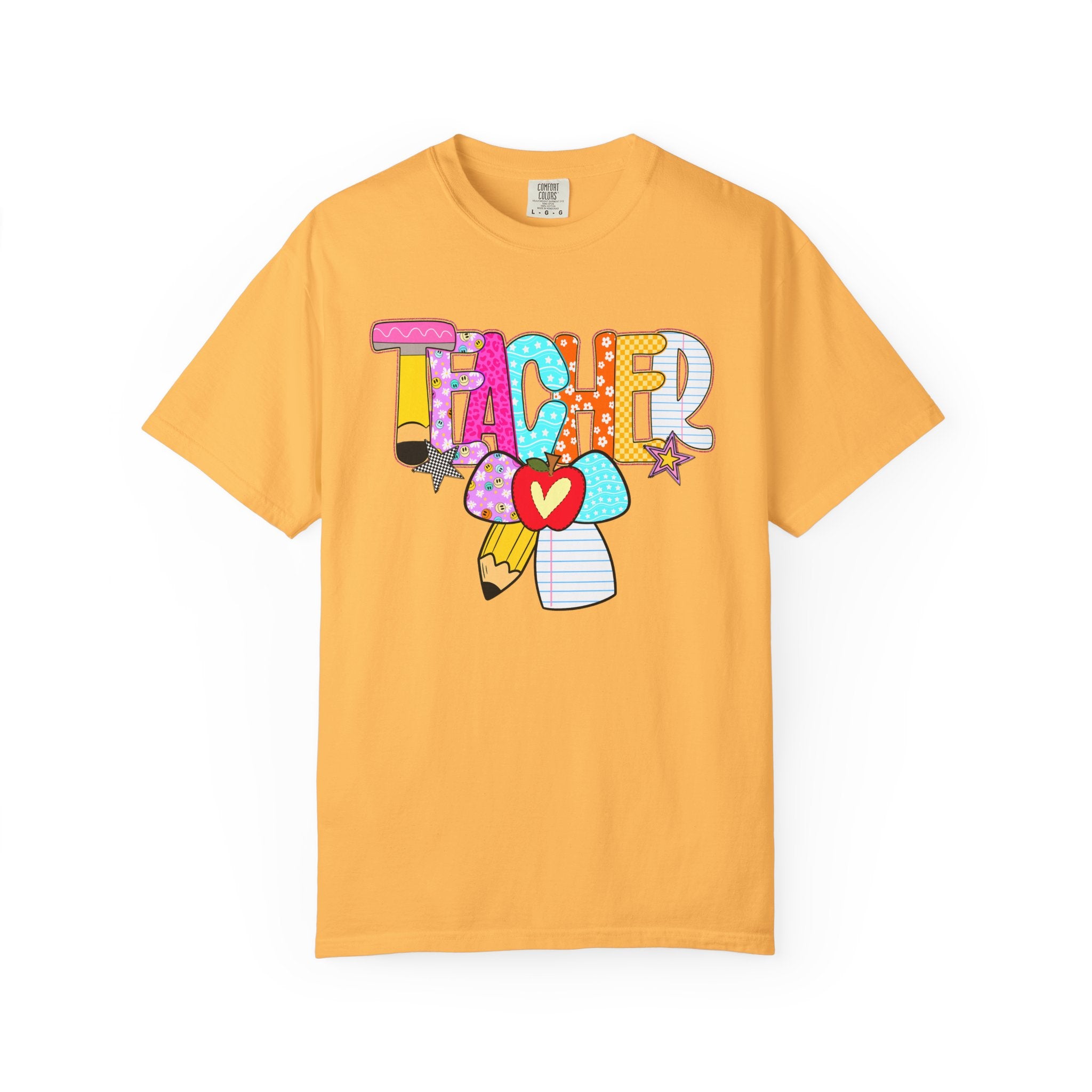 Teacher Doodle Graphic T‑Shirt — Colorful Pencil & Apple School Design