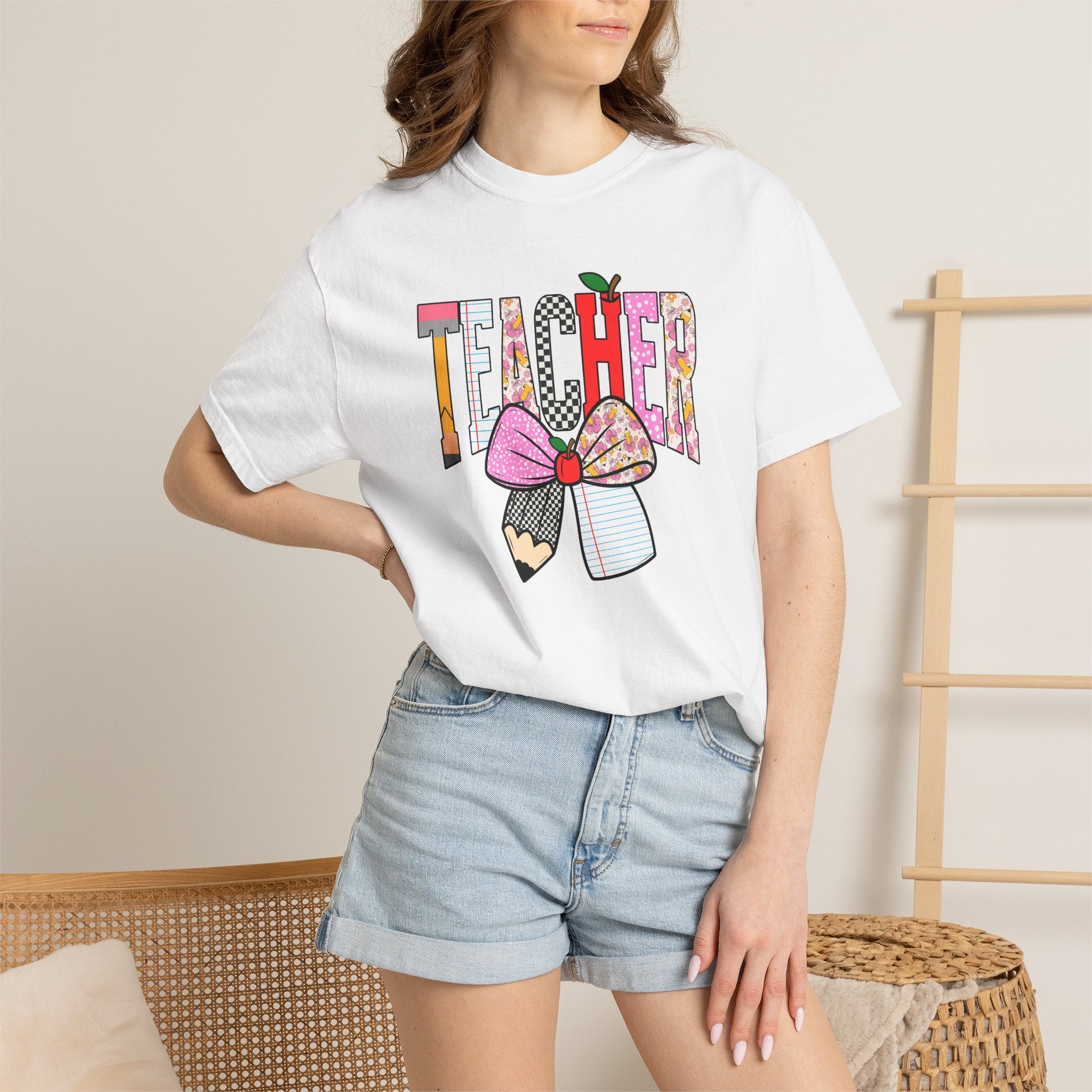 Teacher Graphic T-Shirt — Colorful Pencil & Bow Design