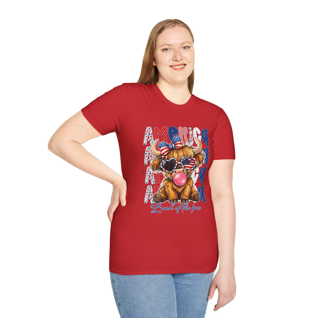 Patriotic Highland Cow T-Shirt — 'Land of the Free' 4th of July Tee