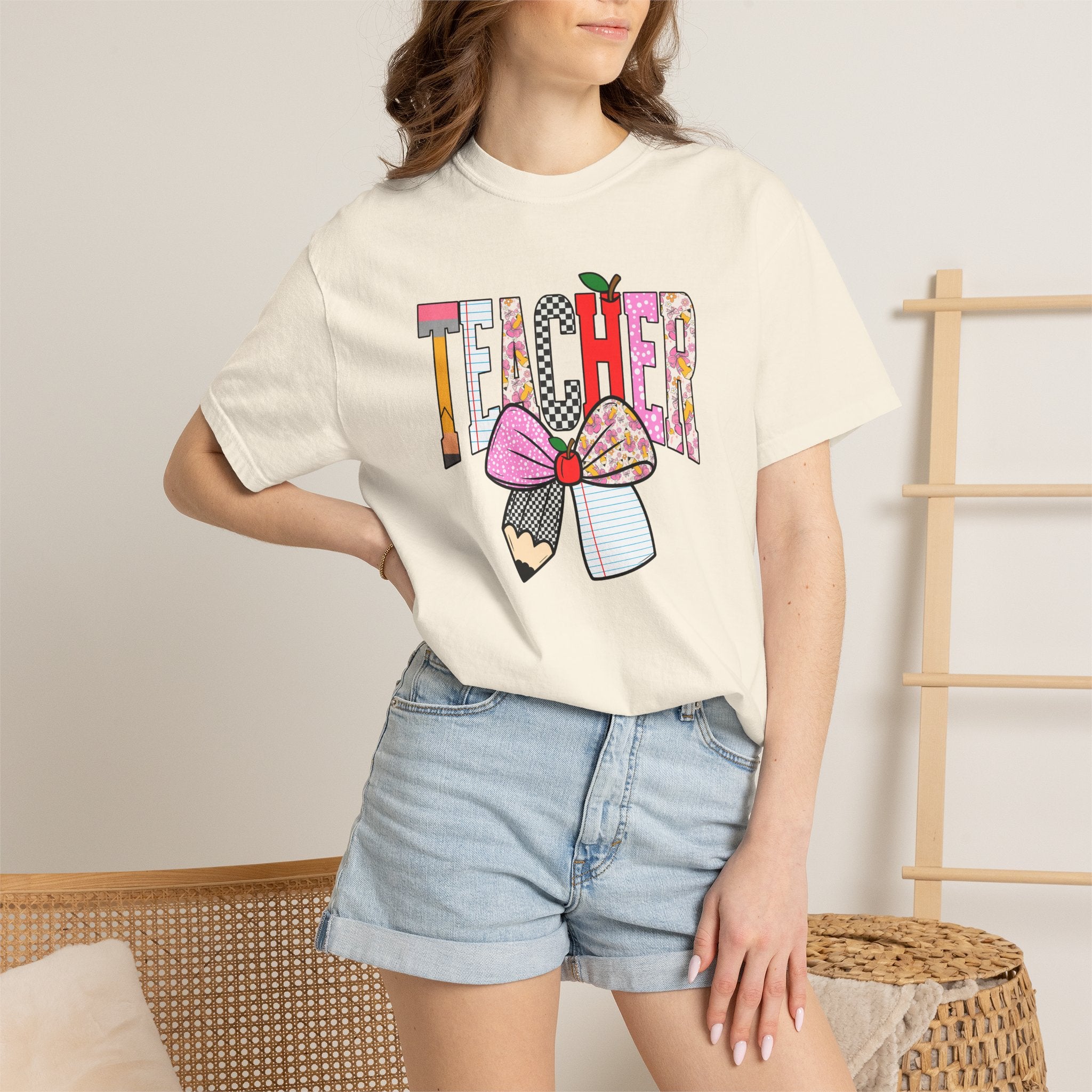 Teacher Graphic T-Shirt — Colorful Pencil & Bow Design