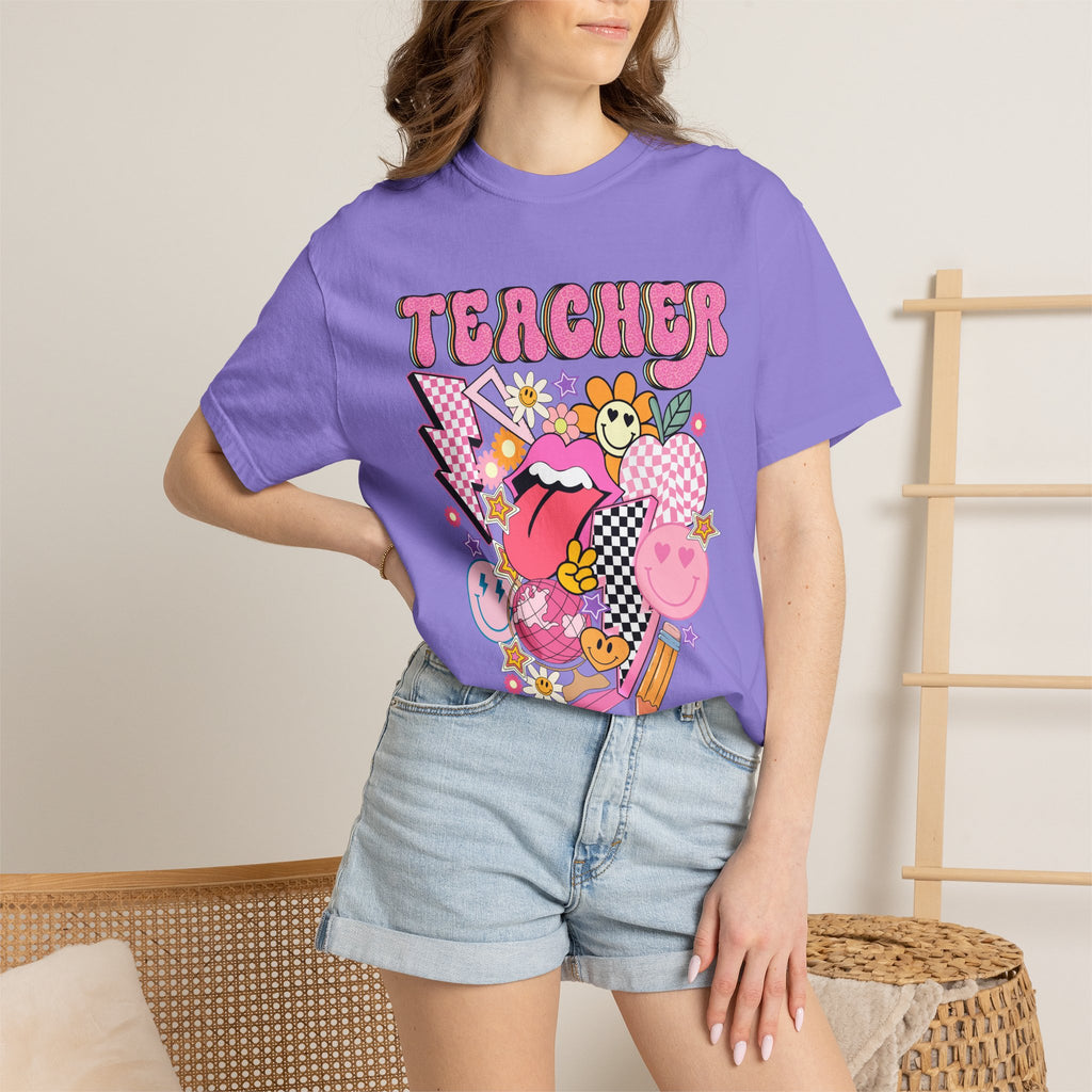 Teacher Retro Pop Graphic T‑Shirt — Cute Pink School Staff Shirt