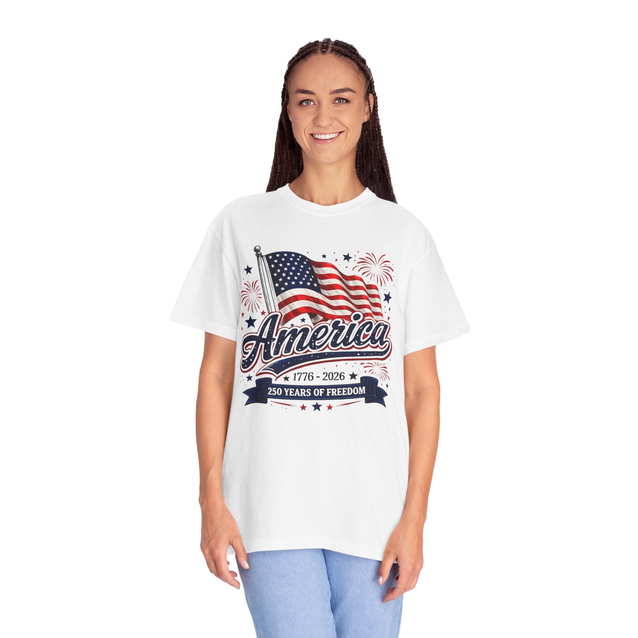 America 250th Anniversary T-Shirt — "America" Flag & Fireworks 1776–2026