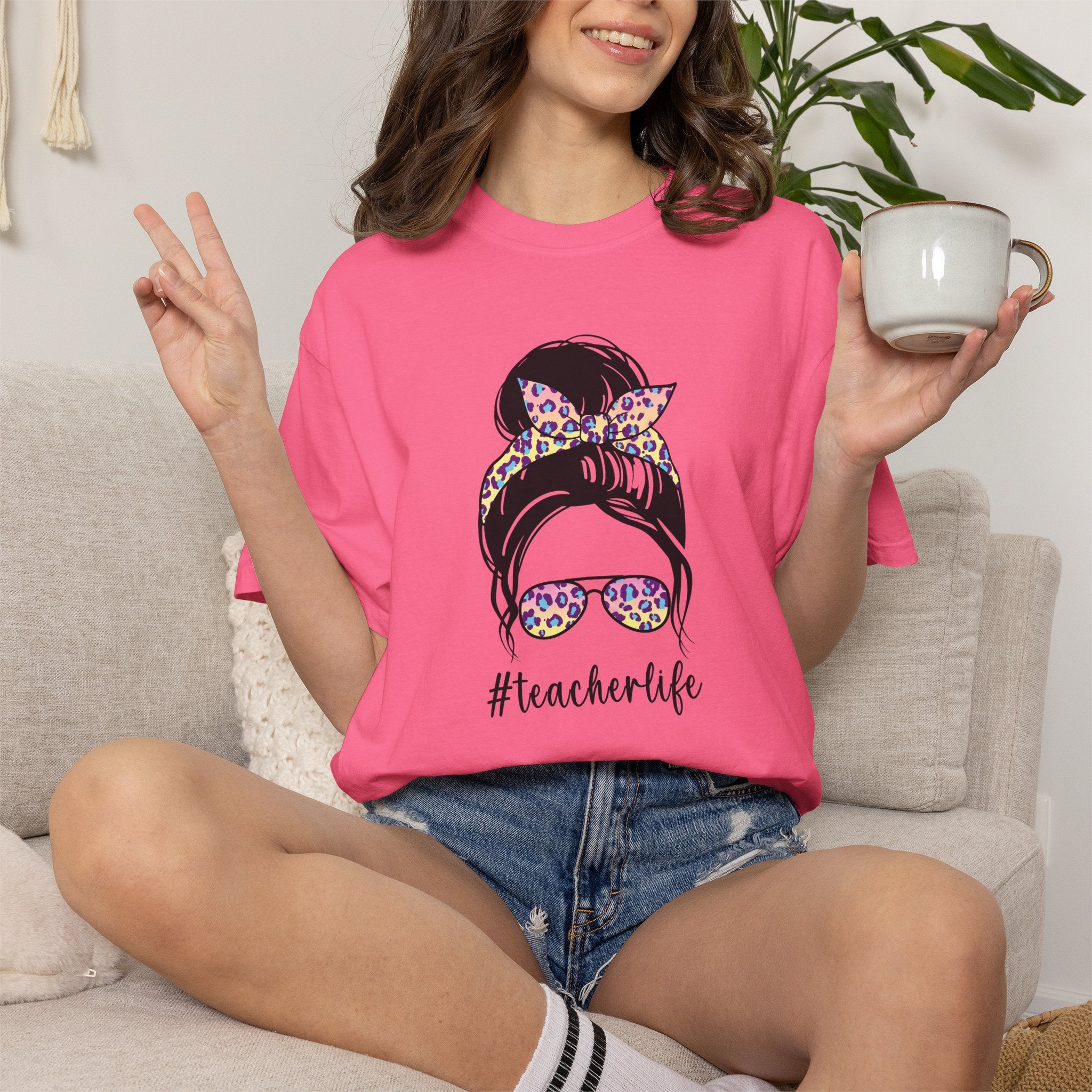 Teacher Life Floral Messy Bun T-Shirt