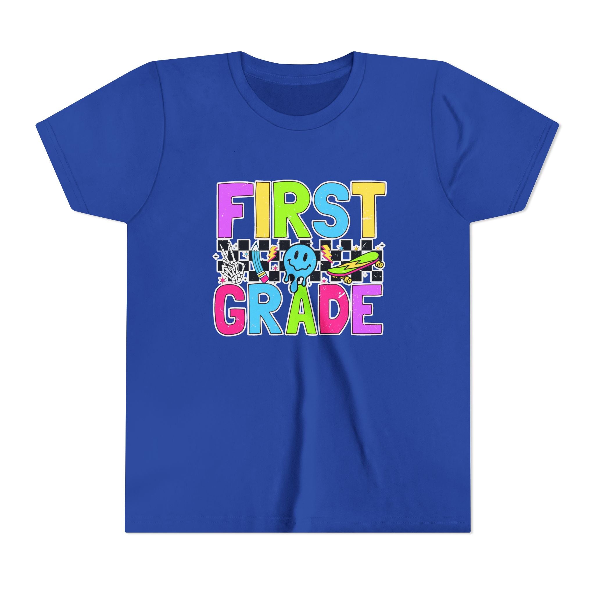 First Grade Youth T‑Shirt — Colorful Checkerboard Smile Back‑to‑School Tee