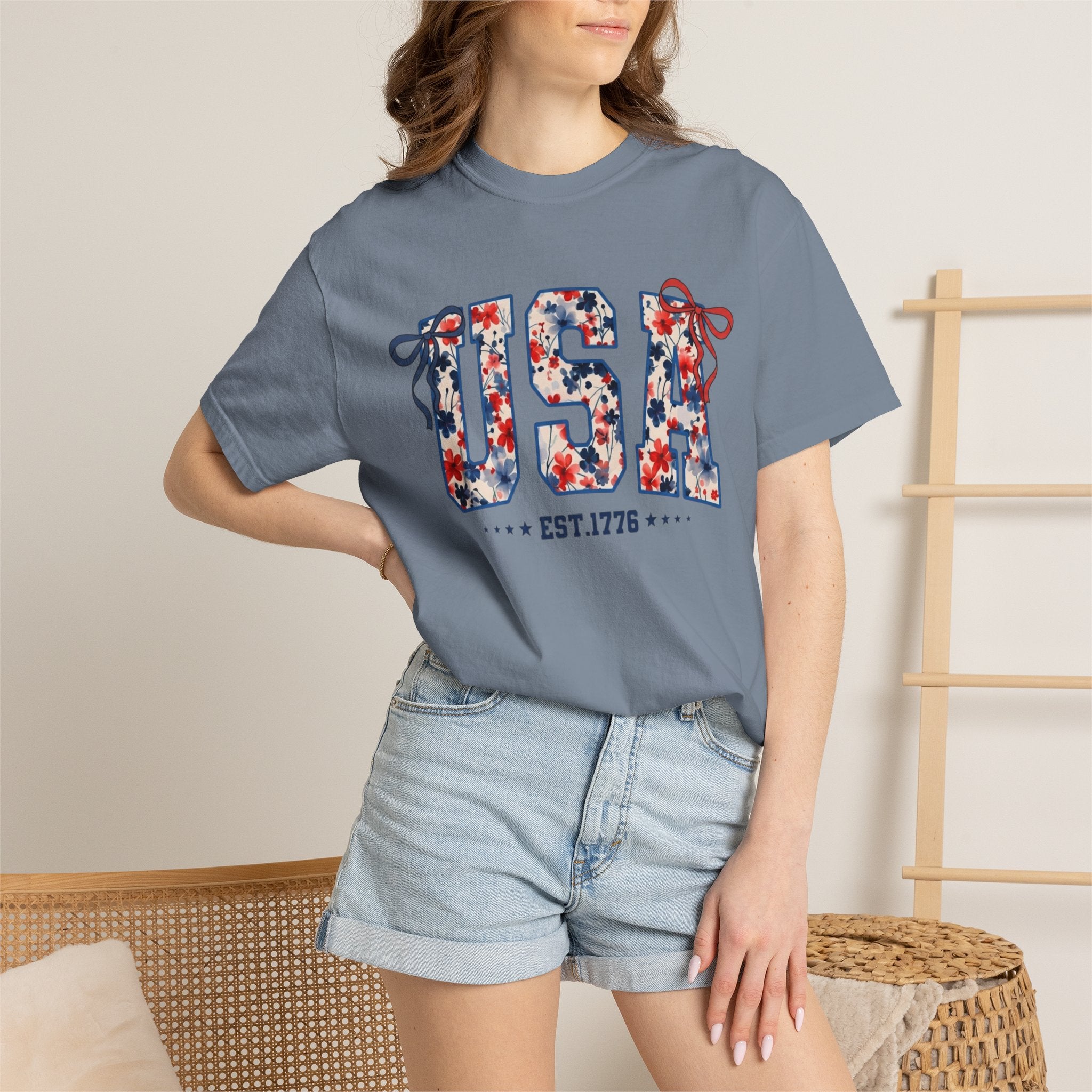 USA Floral Graphic T-Shirt — EST.1776 Patriotic Fourth of July Tee