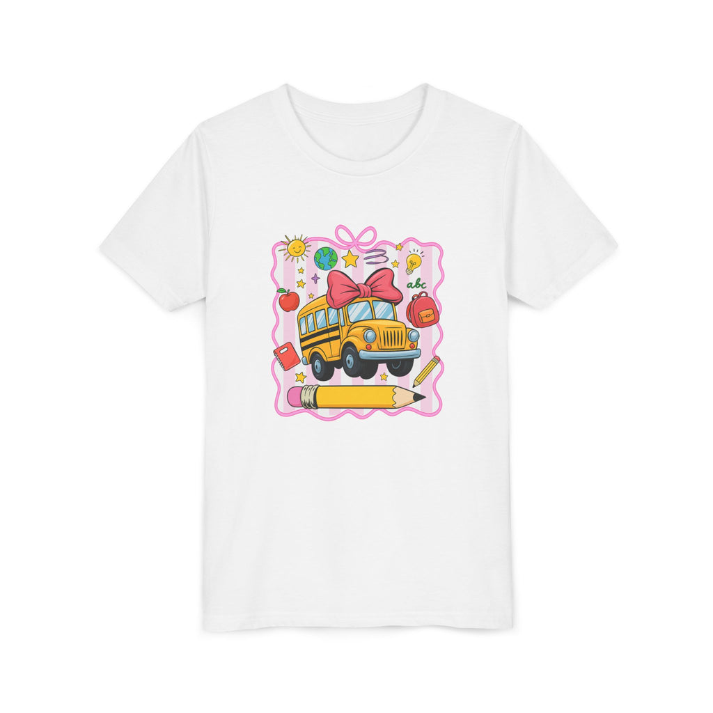 Youth Tee — Cute School Bus Back to School Kids Shirt (Pencil, Apple, Sun)