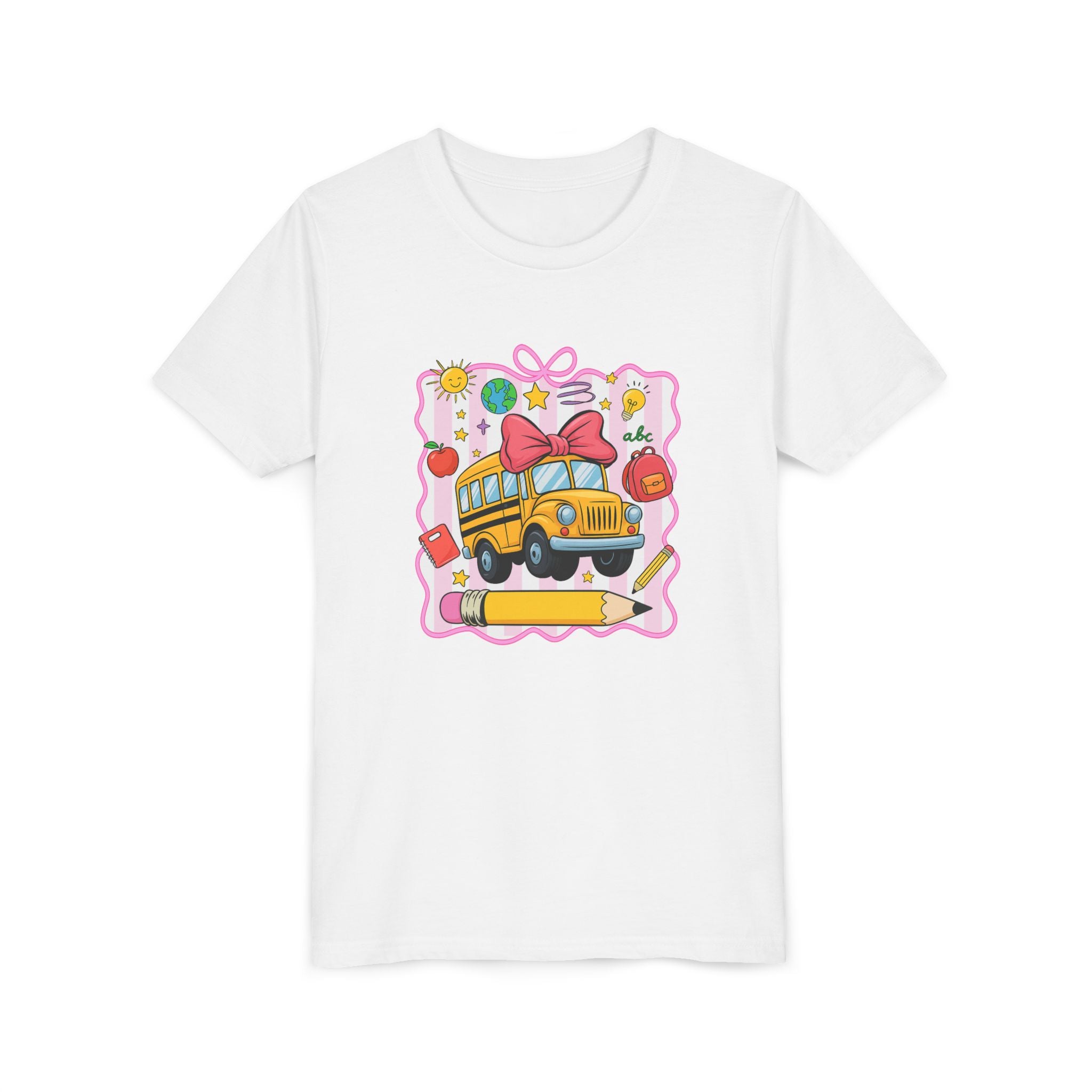 Youth Tee — Cute School Bus Back to School Kids Shirt (Pencil, Apple, Sun)