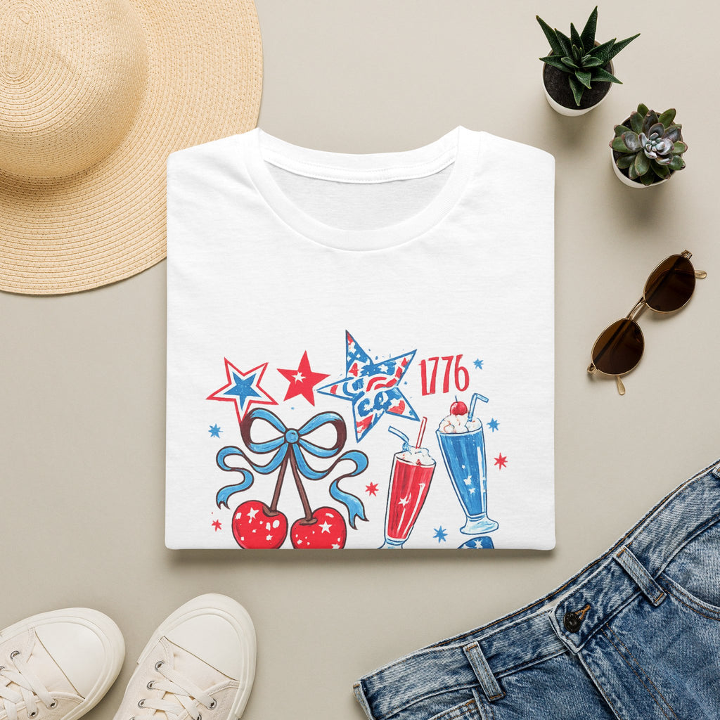 Patriotic 4th of July T-Shirt — USA 1776 Red White Blue Cherry & Soda Design