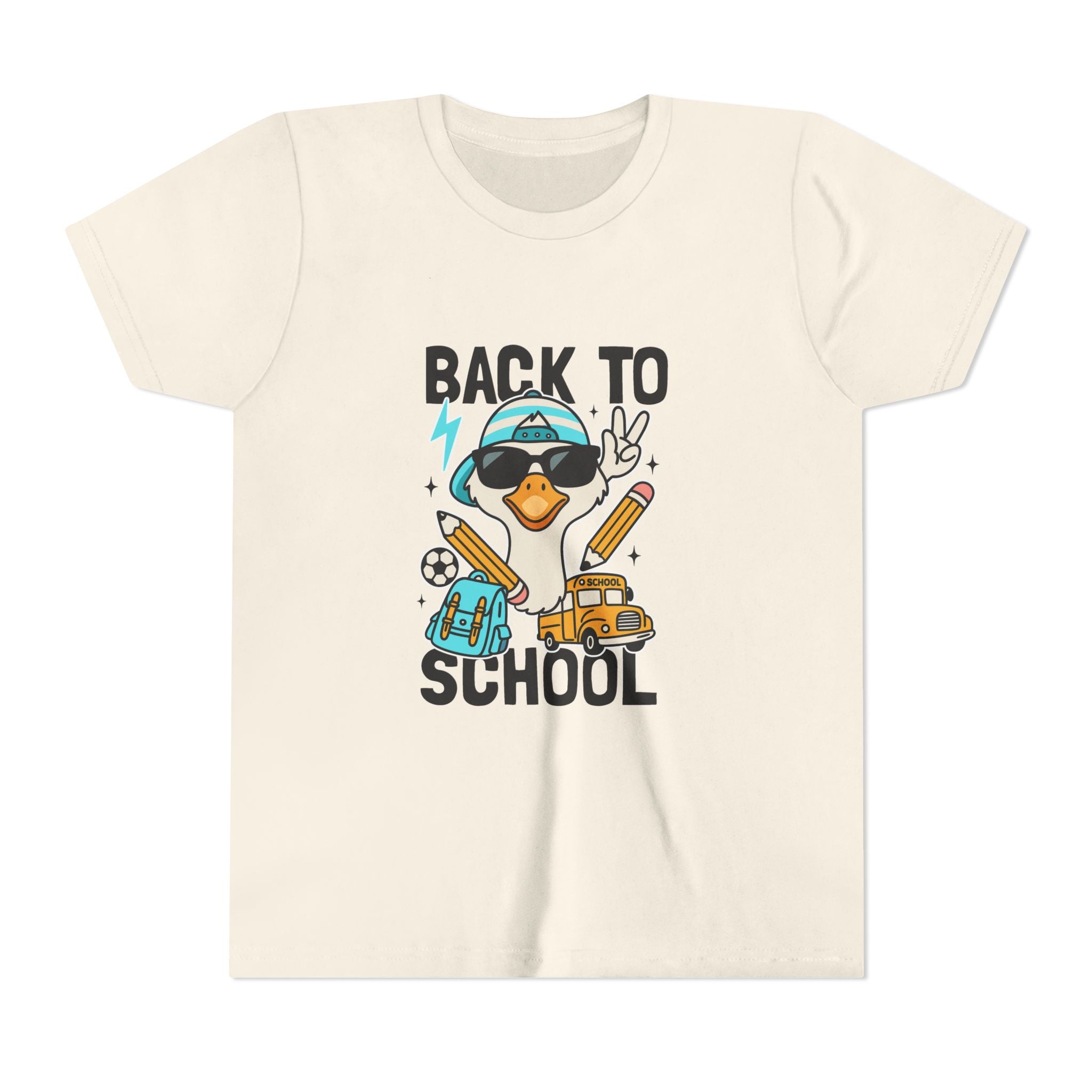 Back to School Duck Youth Tee — Cute Kids School Shirt with Backpack, Bus & Pencil Design
