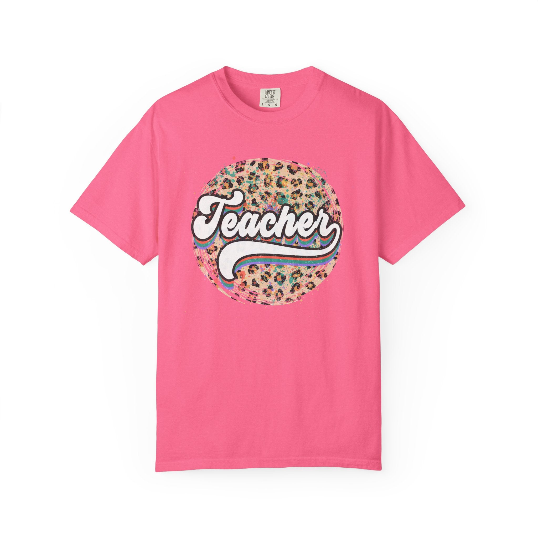 Teacher Leopard Circle T-Shirt — Retro Rainbow Script Tee for Educators