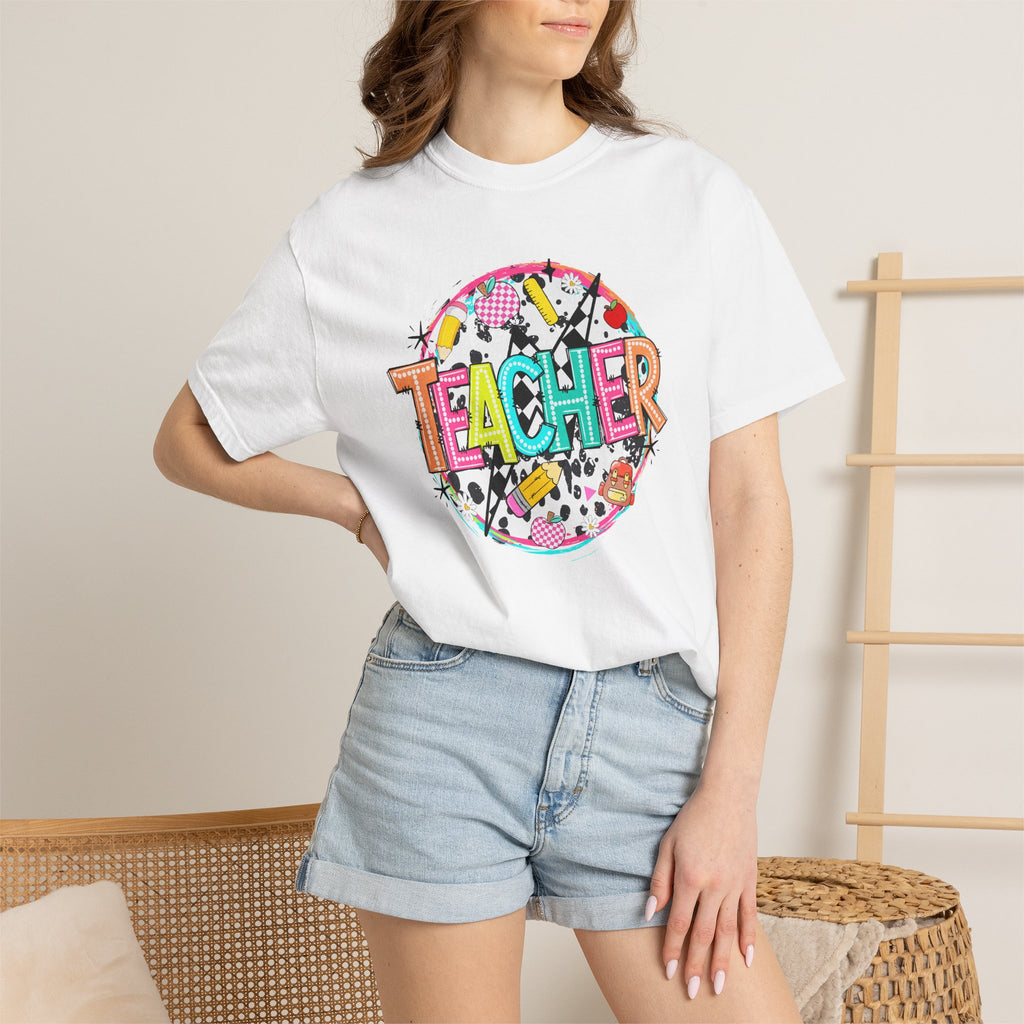 Teacher Graphic T-Shirt — Colorful School Supplies Design