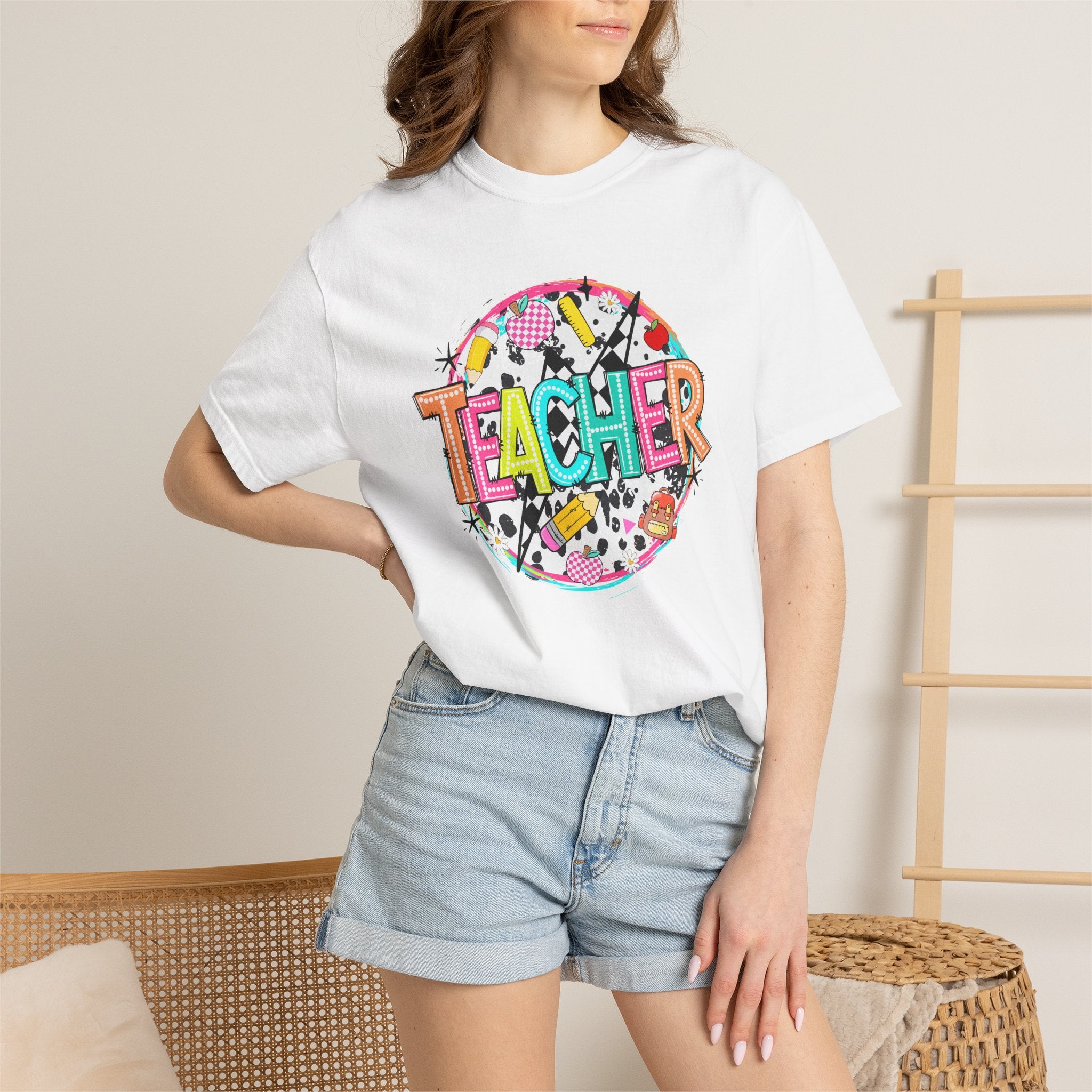 Teacher Graphic T-Shirt — Colorful School Supplies Design