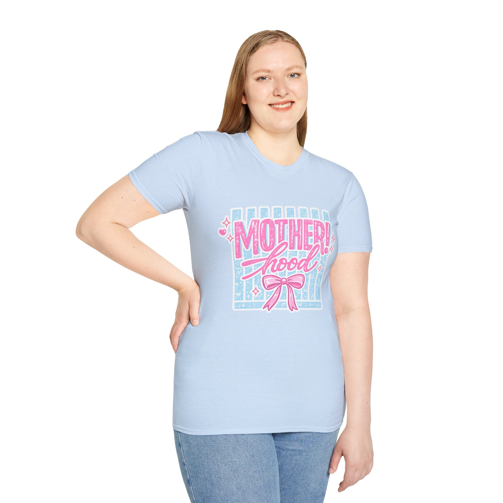 Motherhood Retro Tee — "Mother!hood" Pink & Blue Graphic T-Shirt for New Moms