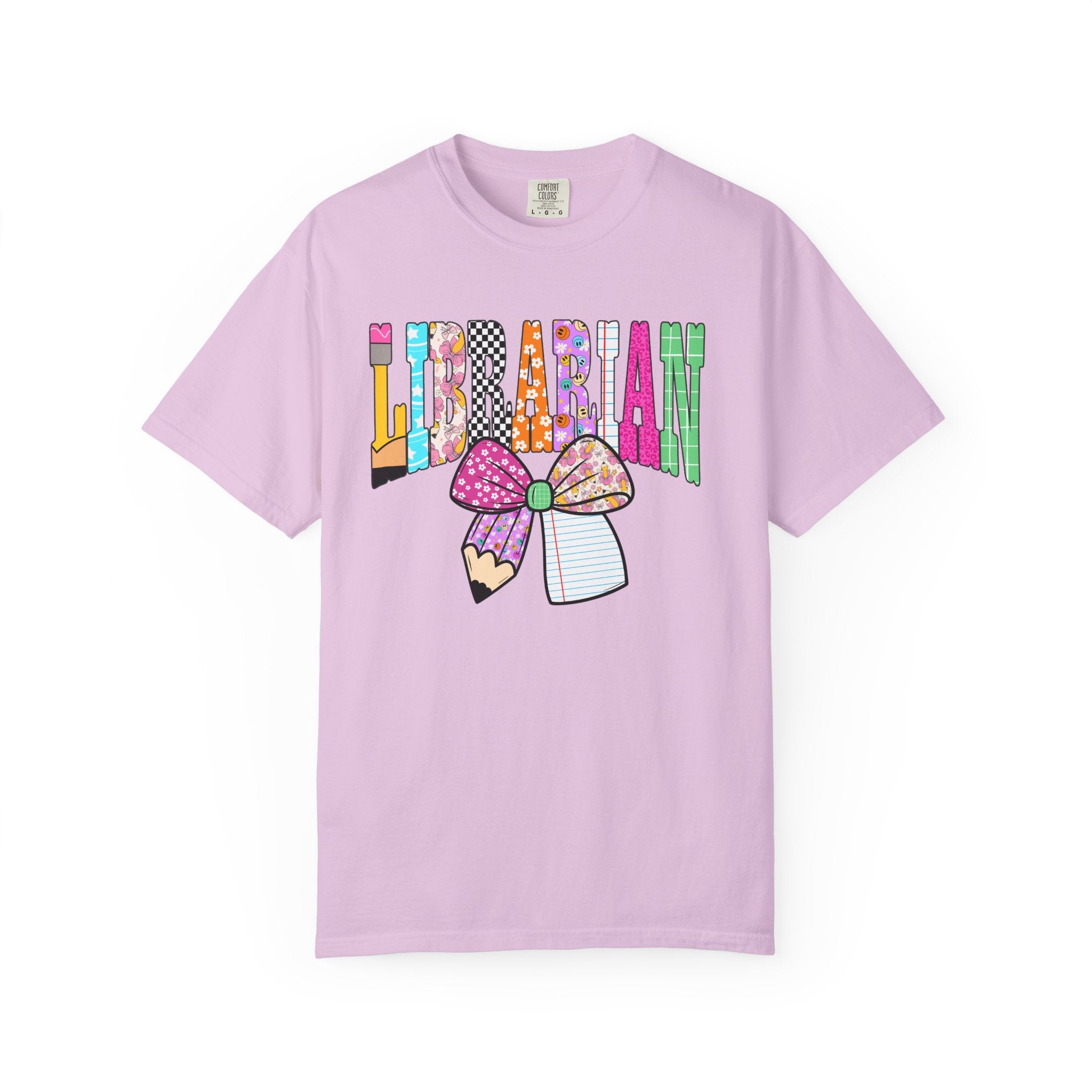 Librarian Graphic T‑Shirt — Colorful Bookish Bow Design