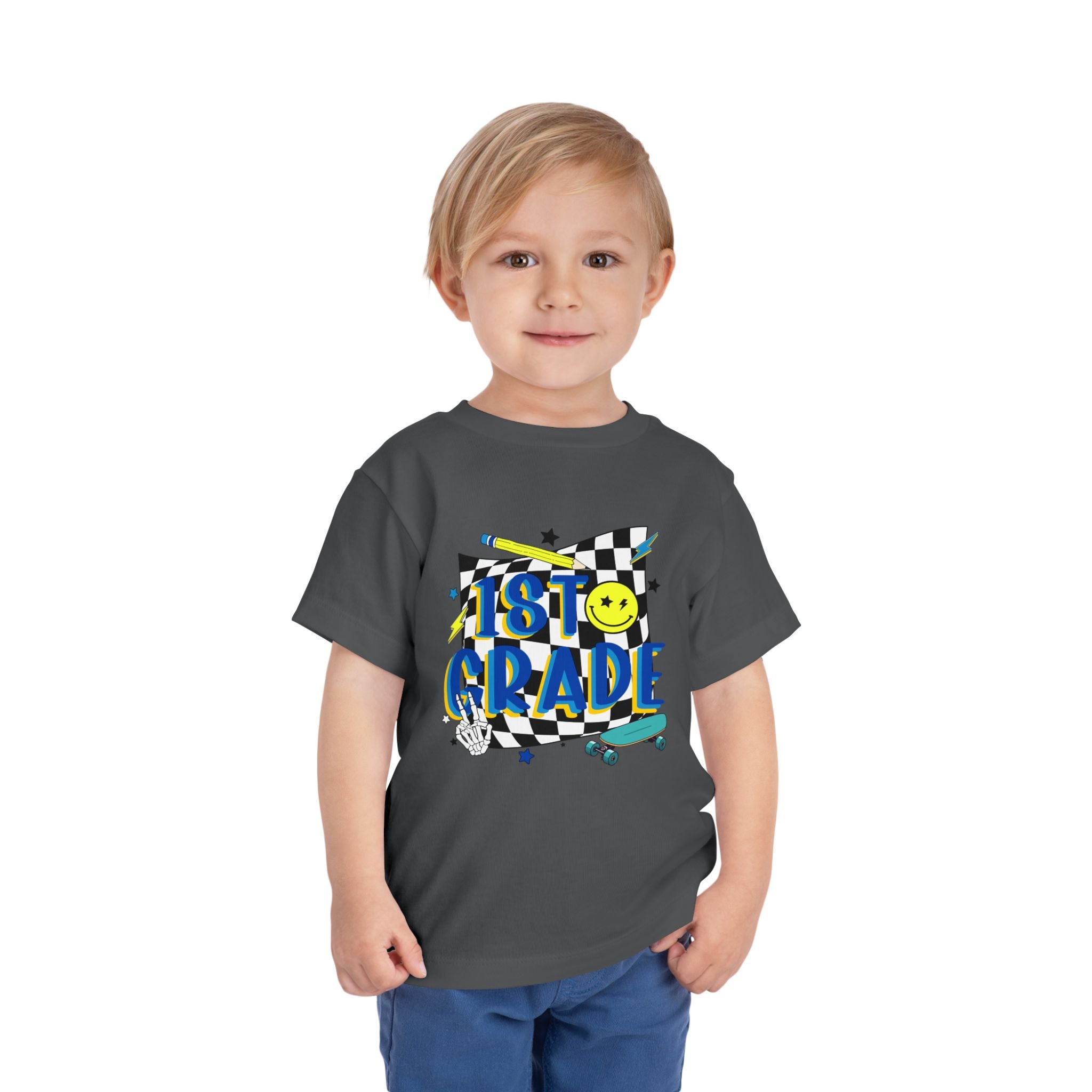1st Grade Toddler Tee - Back-to-School Smile Skateboard Design