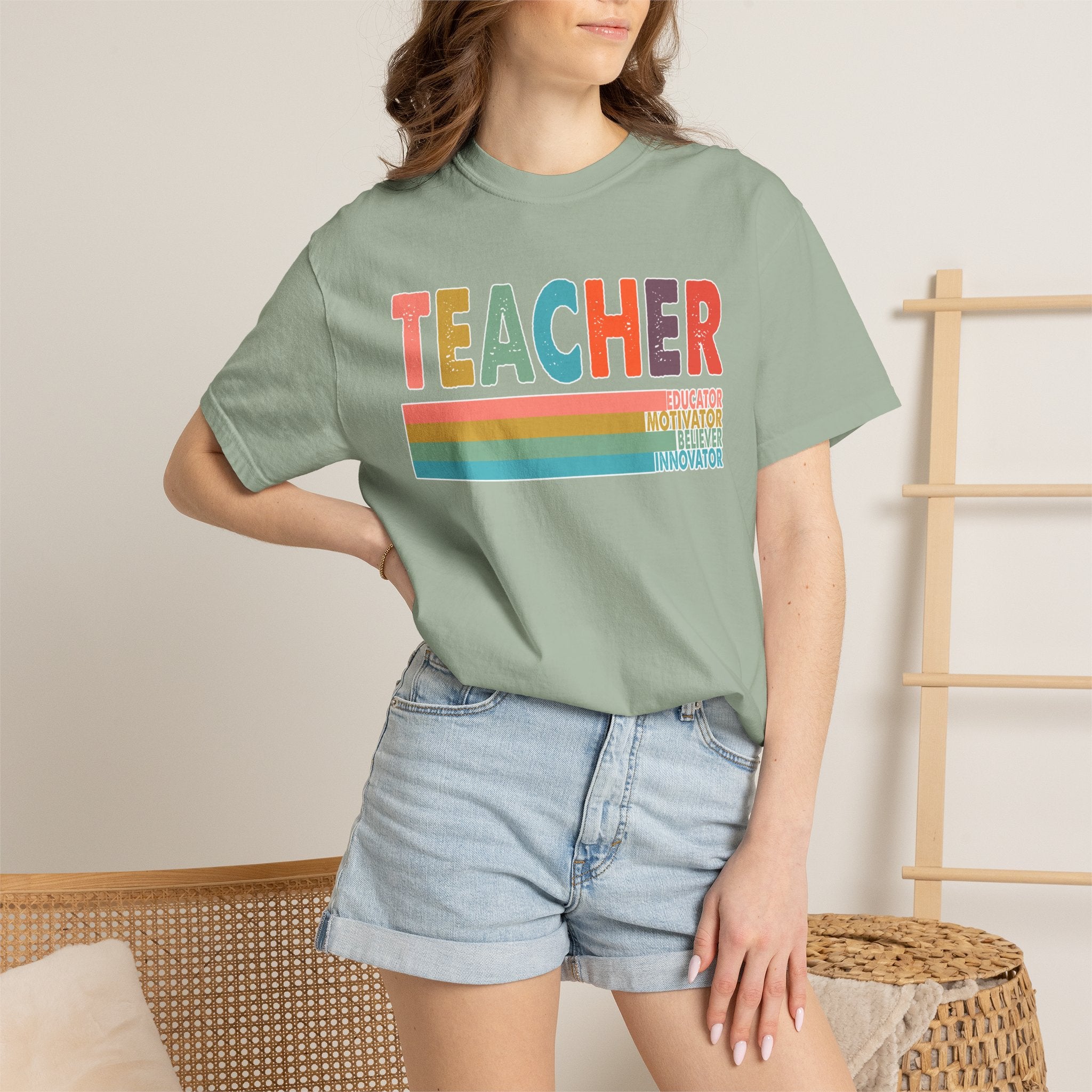 Teacher Rainbow Stripes T-Shirt — Retro Colorful Educator Tee