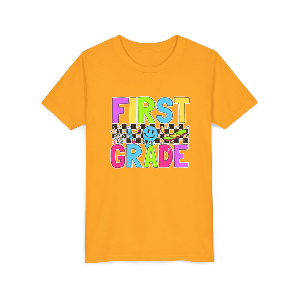 First Grade Youth T‑Shirt — Colorful Checkerboard Smile Back‑to‑School Tee