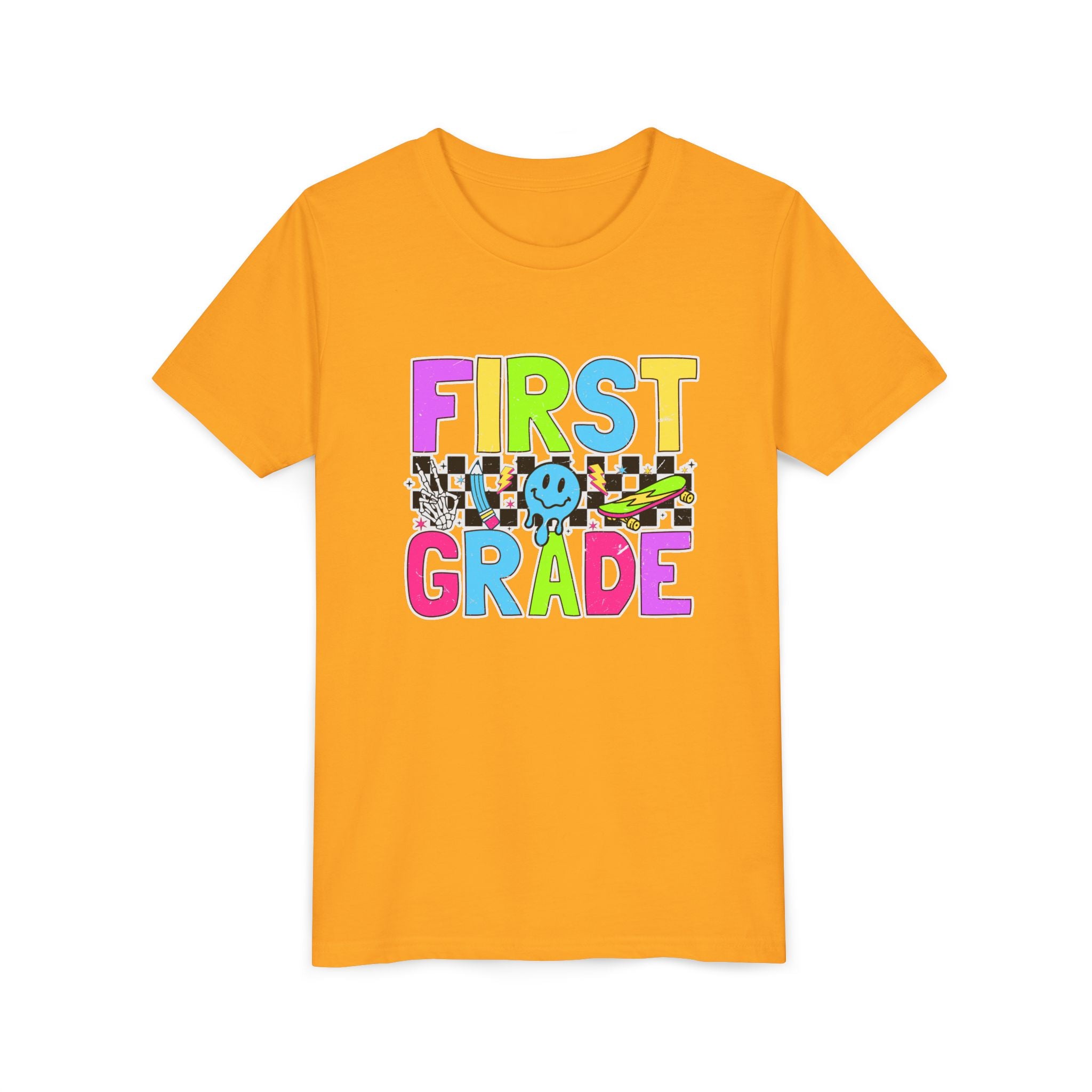 First Grade Youth T‑Shirt — Colorful Checkerboard Smile Back‑to‑School Tee