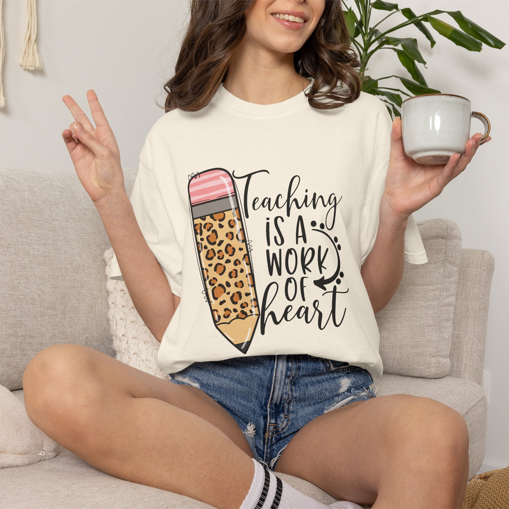 Teaching Is a Work of Heart Leopard Pencil T-Shirt — Teacher Appreciation Gift