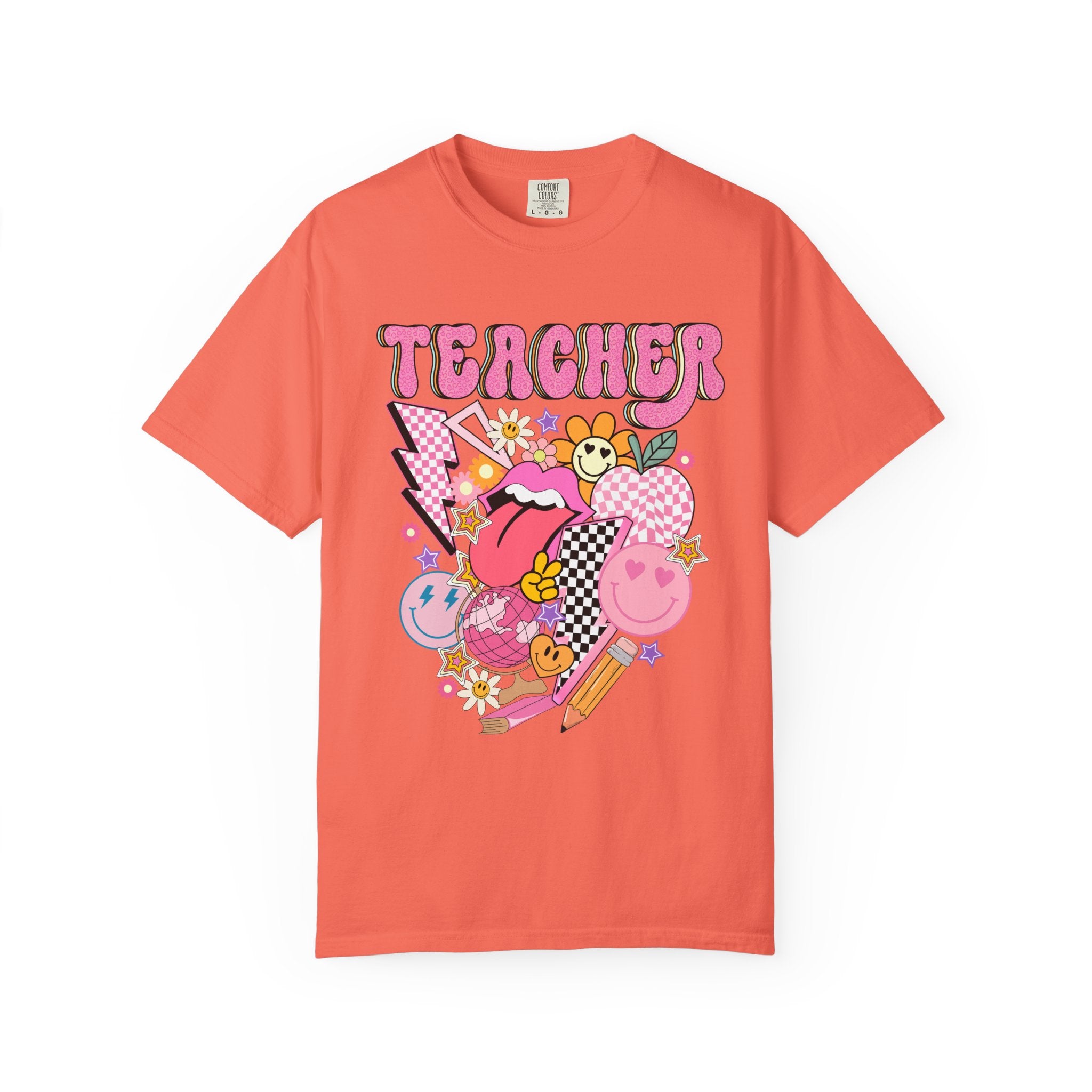 Teacher Retro Pop Graphic T‑Shirt — Cute Pink School Staff Shirt
