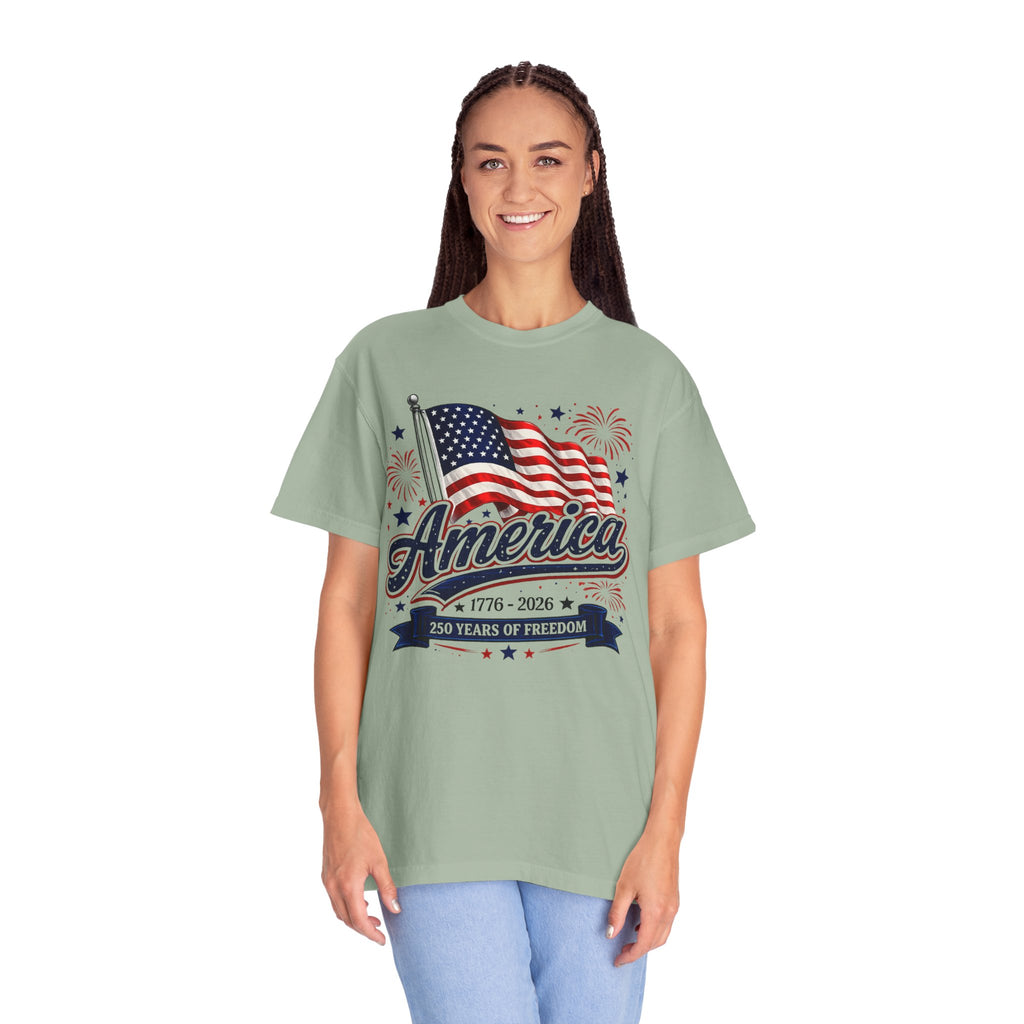 America 250th Anniversary T-Shirt — "America" Flag & Fireworks 1776–2026