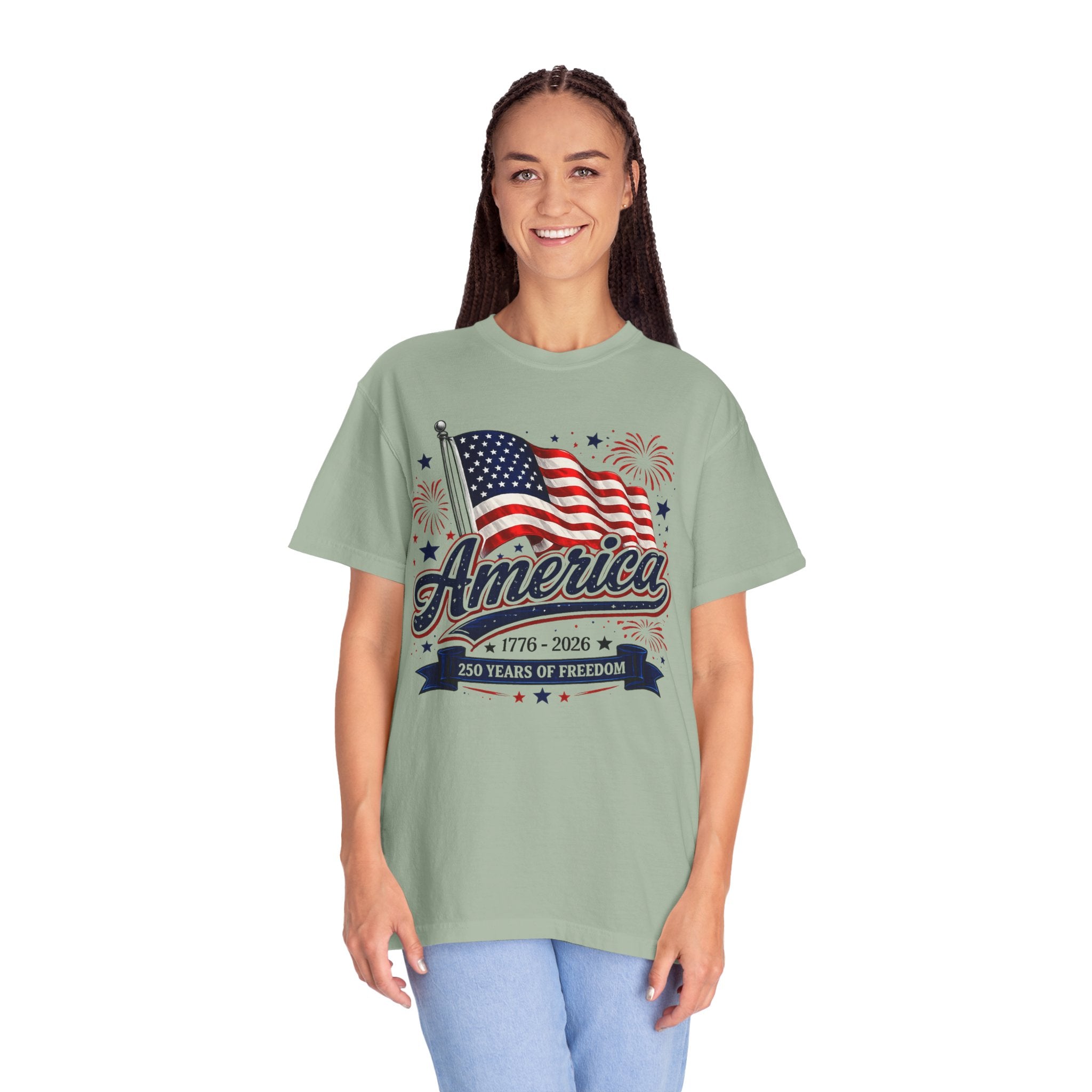 America 250th Anniversary T-Shirt — "America" Flag & Fireworks 1776–2026