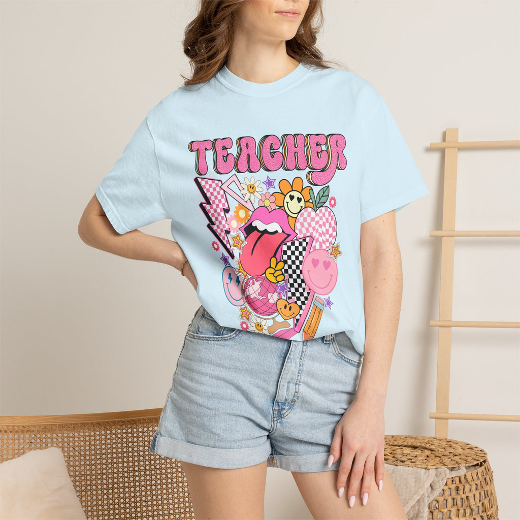 Teacher Retro Pop Graphic T‑Shirt — Cute Pink School Staff Shirt