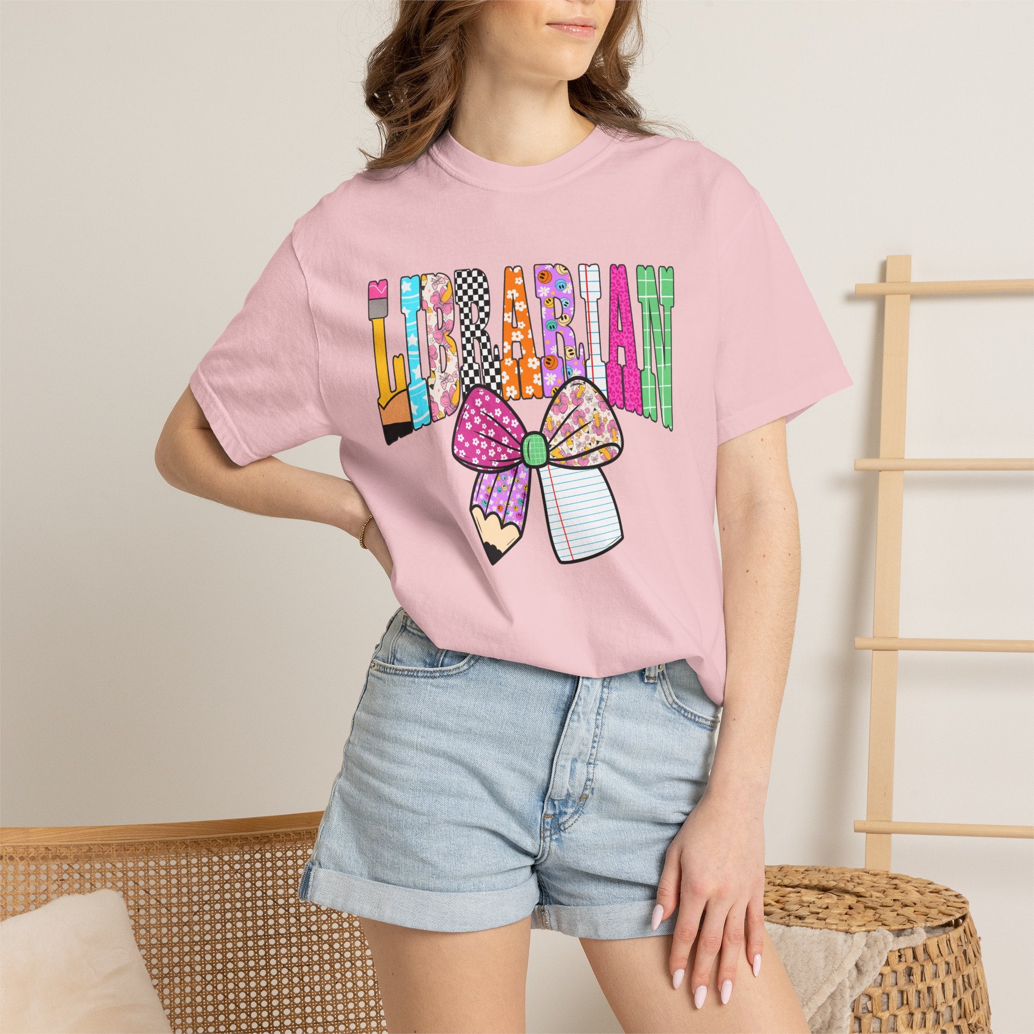 Librarian Graphic T‑Shirt — Colorful Bookish Bow Design