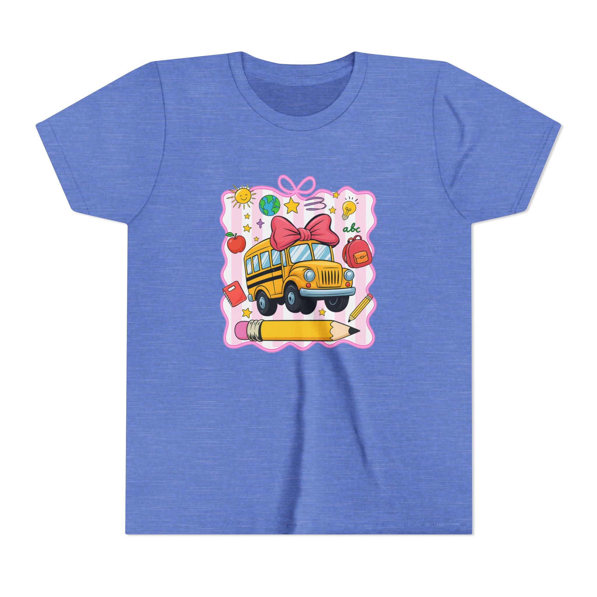 Youth Tee — Cute School Bus Back to School Kids Shirt (Pencil, Apple, Sun)