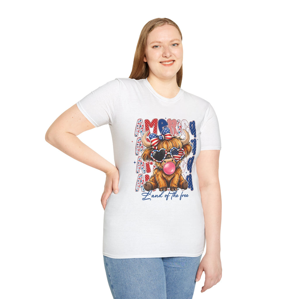 Patriotic Highland Cow T-Shirt — 'Land of the Free' 4th of July Tee