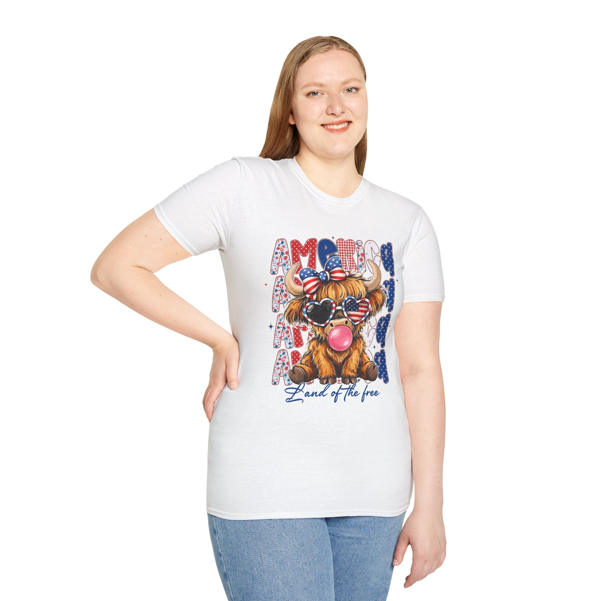 Patriotic Highland Cow T-Shirt — 'Land of the Free' 4th of July Tee