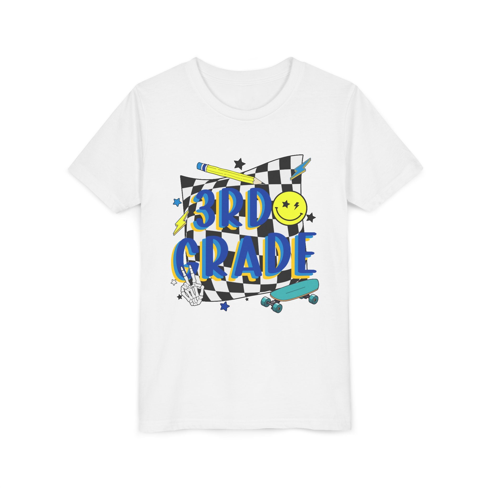 3rd Grade Youth Tee - Back-to-School Smiley Skateboard Design