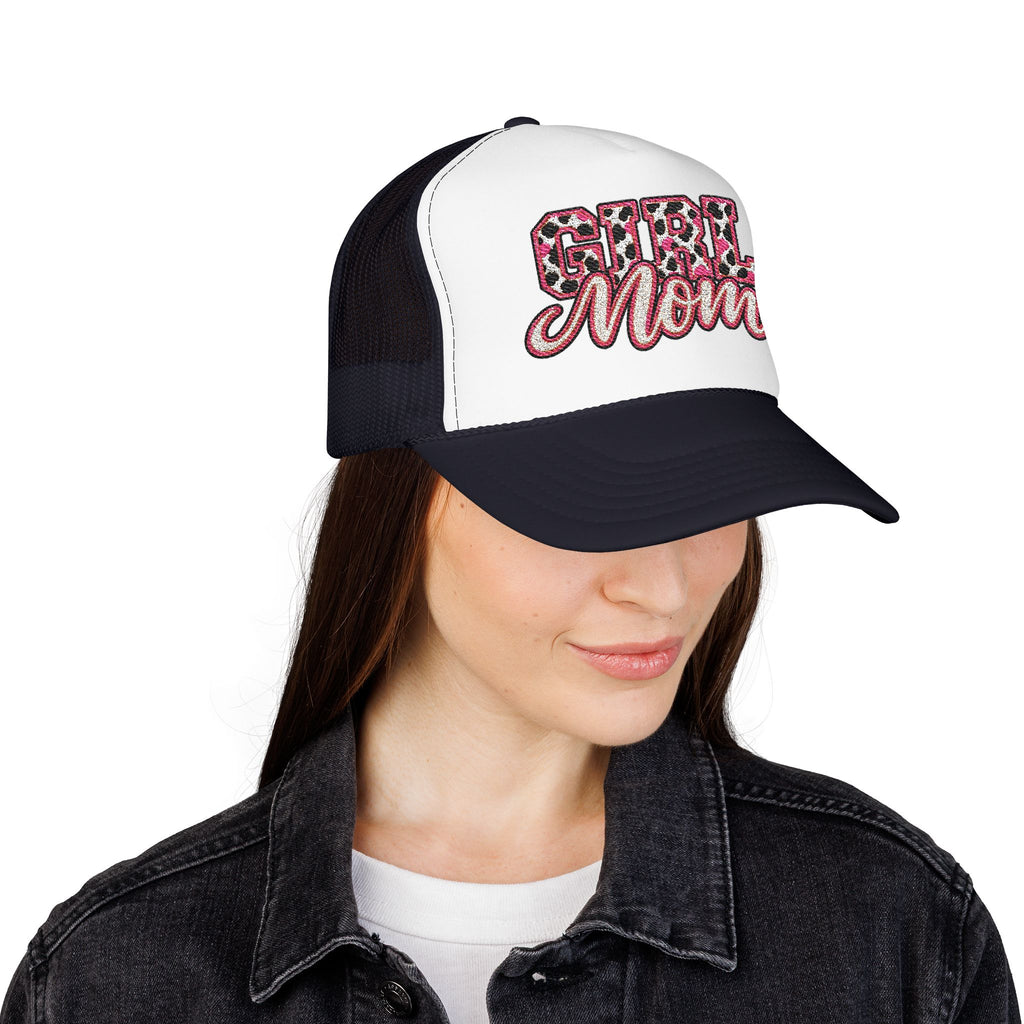 Girl Mom Leopard Foam Trucker Hat — Pink Glitter Script Mesh Cap