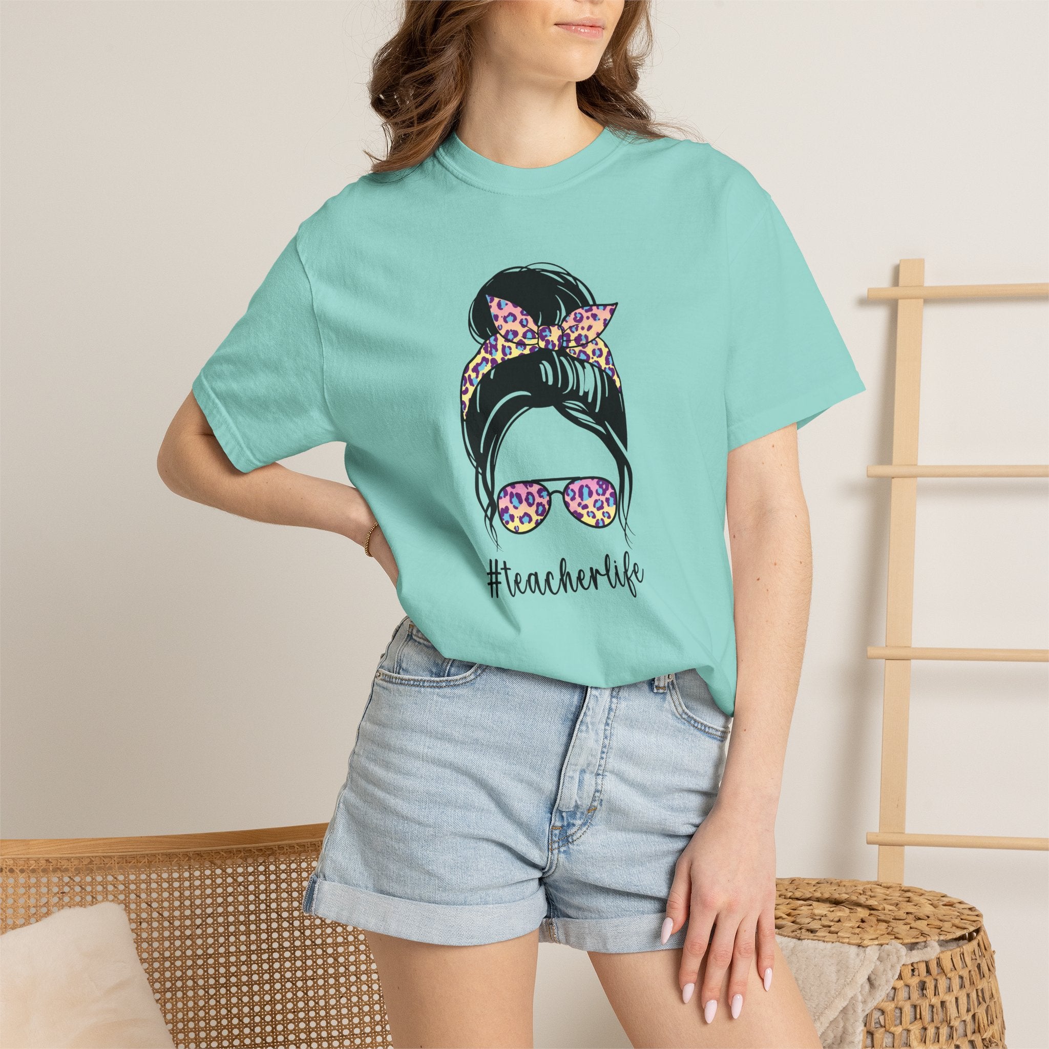 Teacher Life Floral Messy Bun T-Shirt