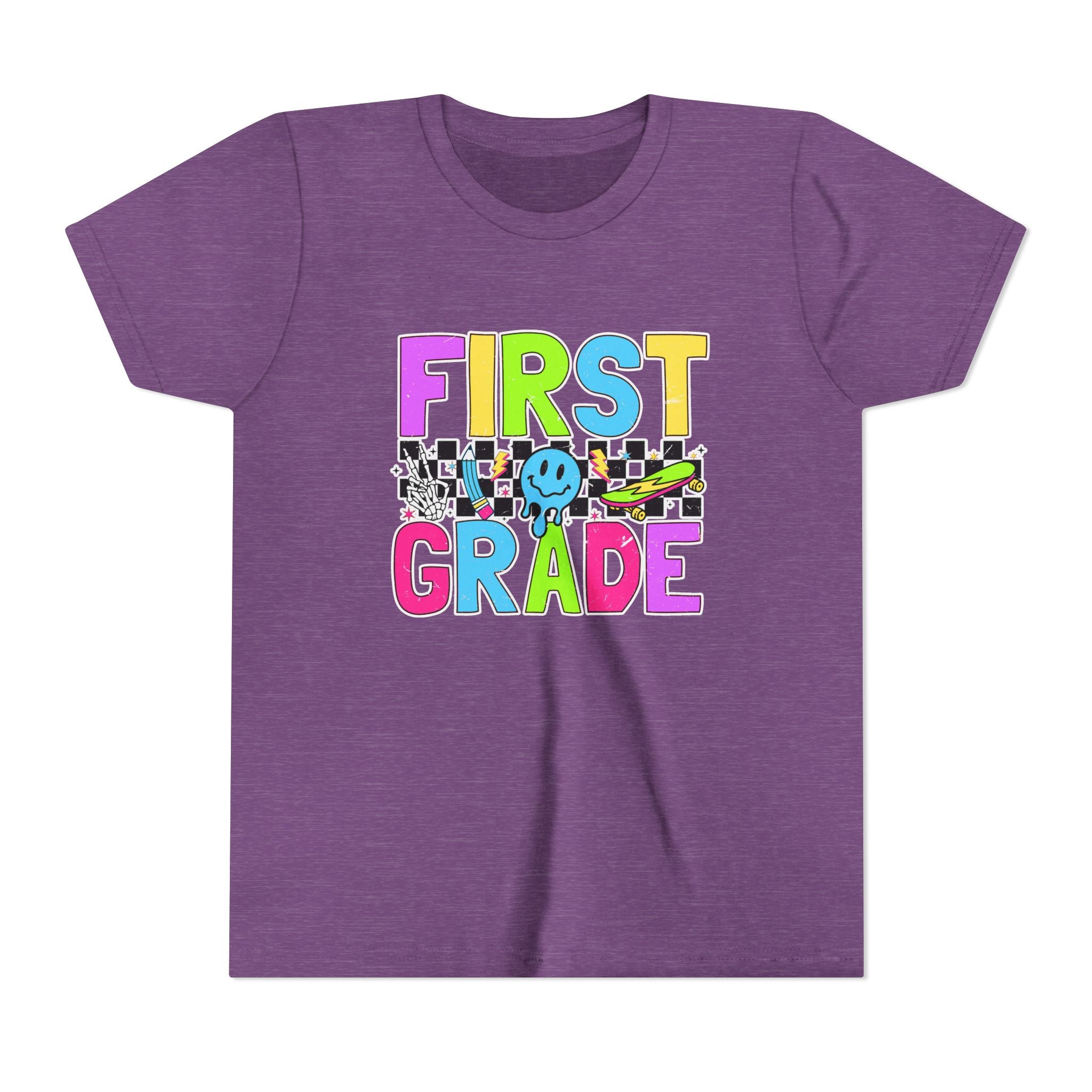 First Grade Youth T‑Shirt — Colorful Checkerboard Smile Back‑to‑School Tee