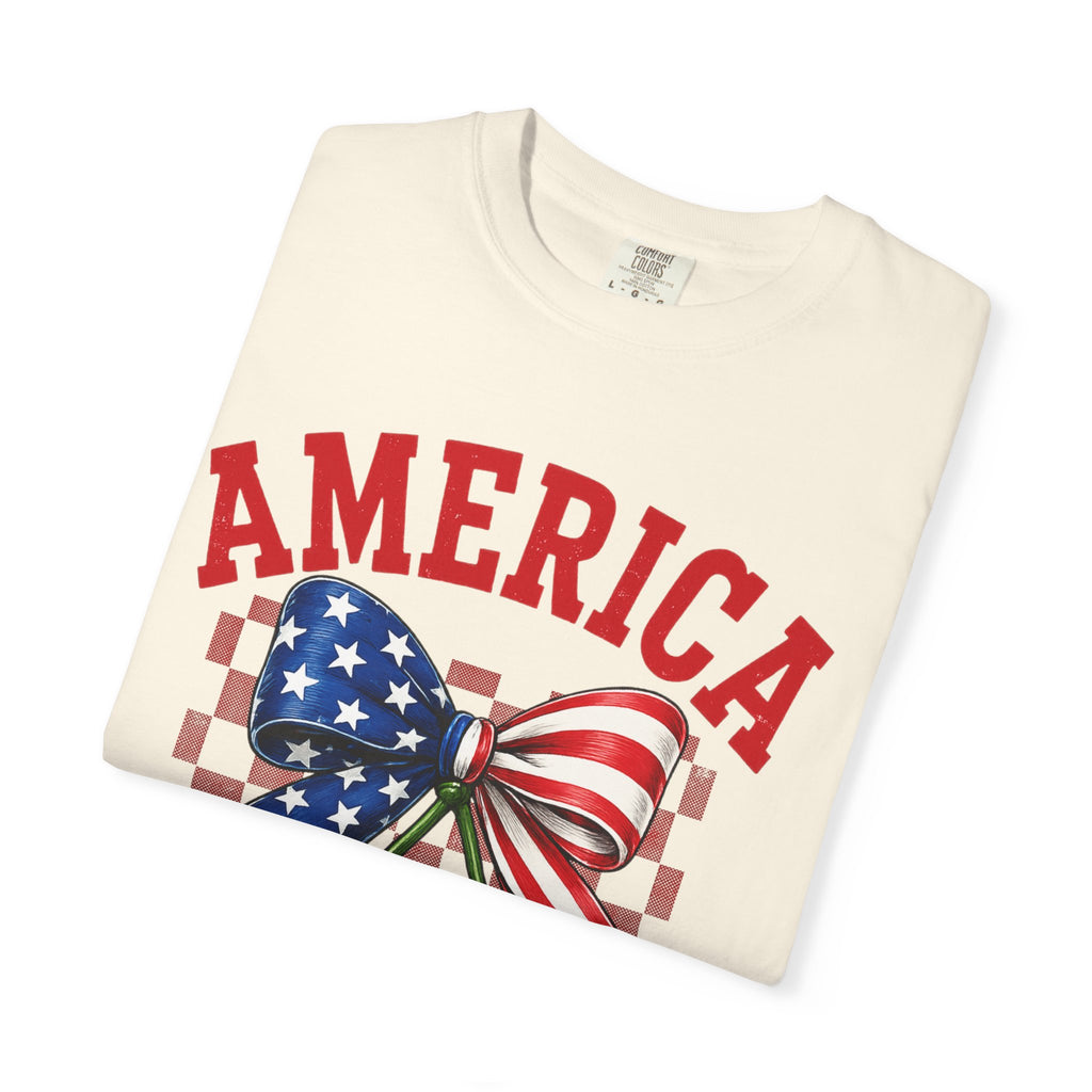 America Cherry Graphic T-Shirt — Patriotic Stars & Stripes Bow Tee